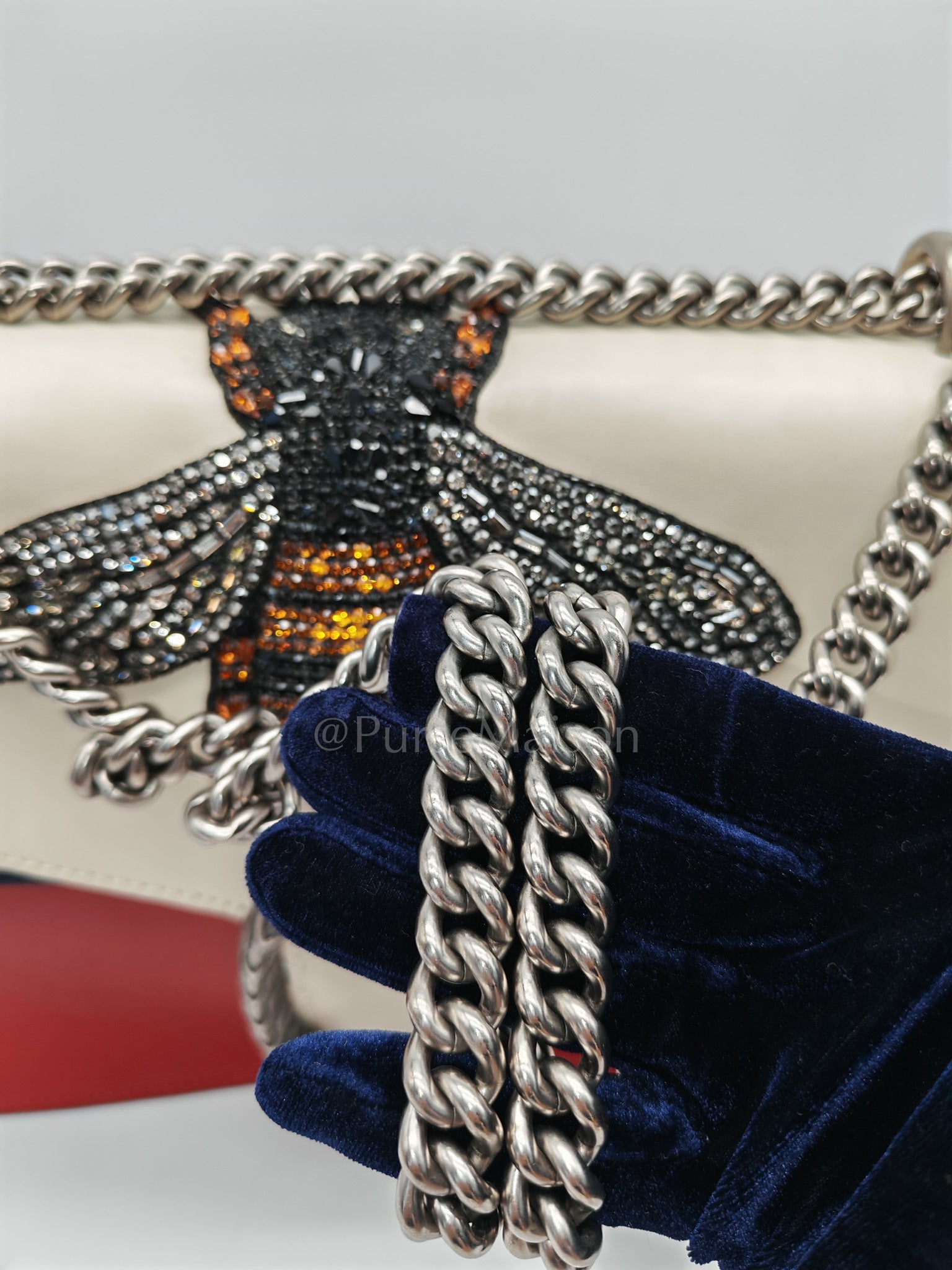 Dionysus Medium Shoulder Bag in Tricolor Prominent Embroidered Bee and Ruthenium Hardware