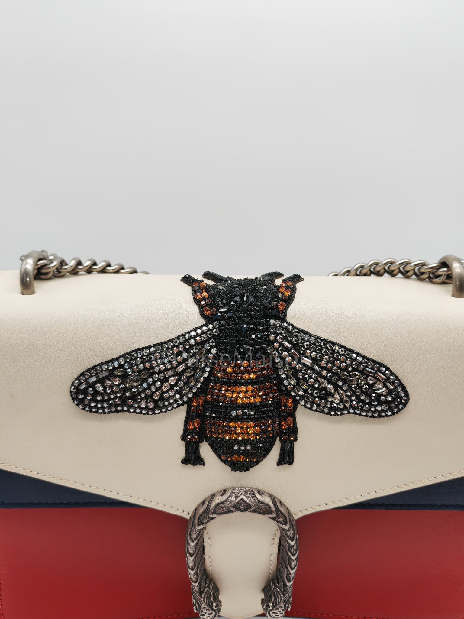Dionysus Medium Shoulder Bag in Tricolor Prominent Embroidered Bee and Ruthenium Hardware