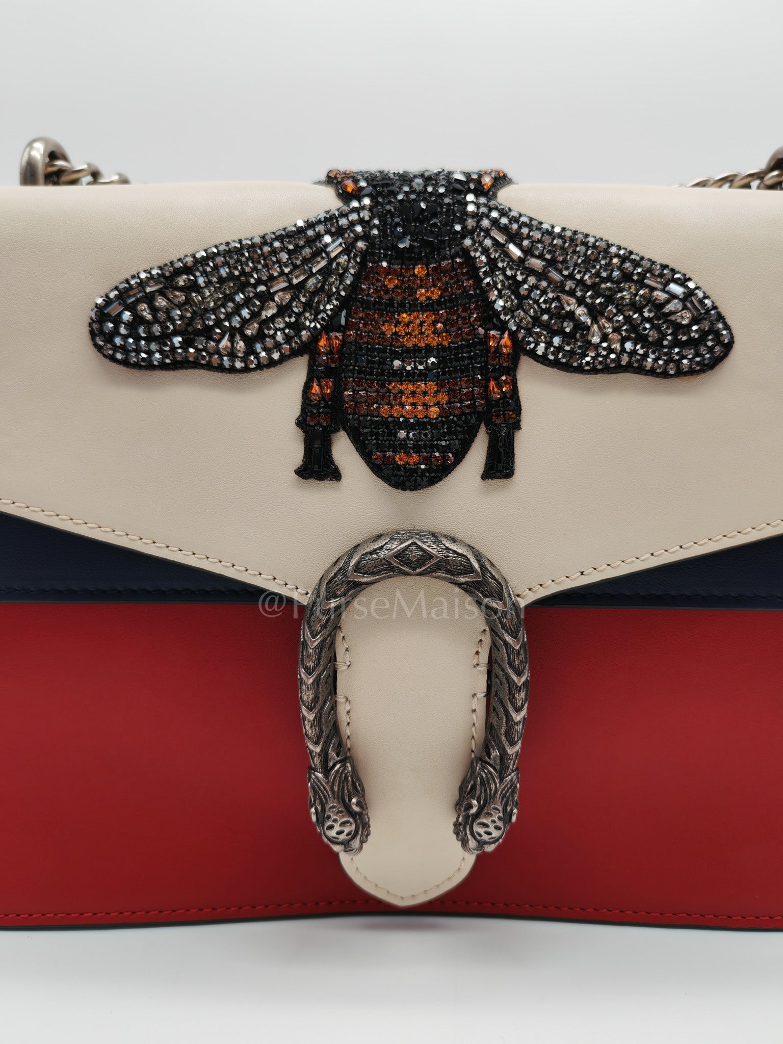 Dionysus Medium Shoulder Bag in Tricolor Prominent Embroidered Bee and Ruthenium Hardware