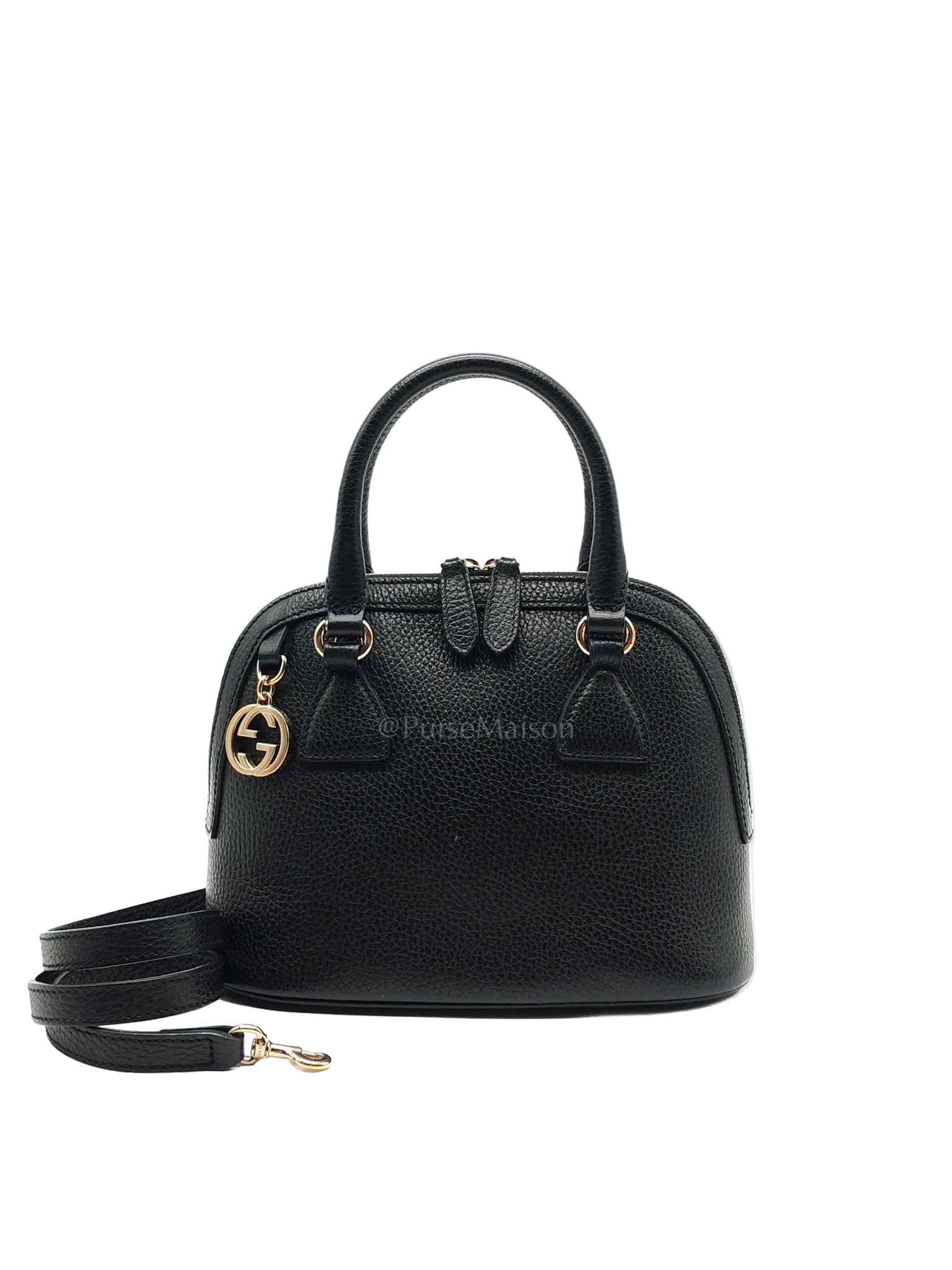 Dome Bag Small in Black GG Charm Satchel Pebbled Leather & Light Gold Hardware