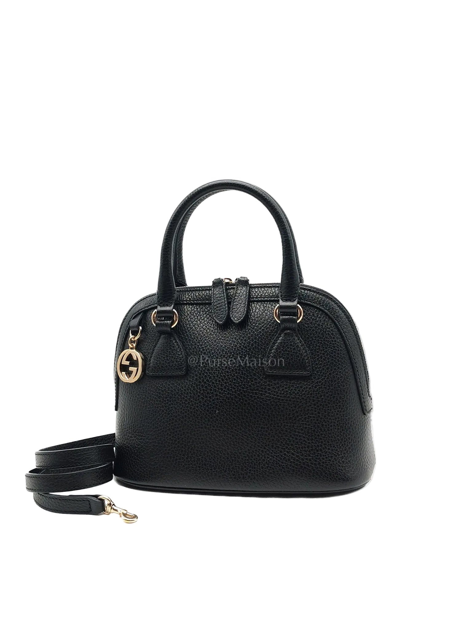 Dome Bag Small in Black GG Charm Satchel Pebbled Leather & Light Gold Hardware