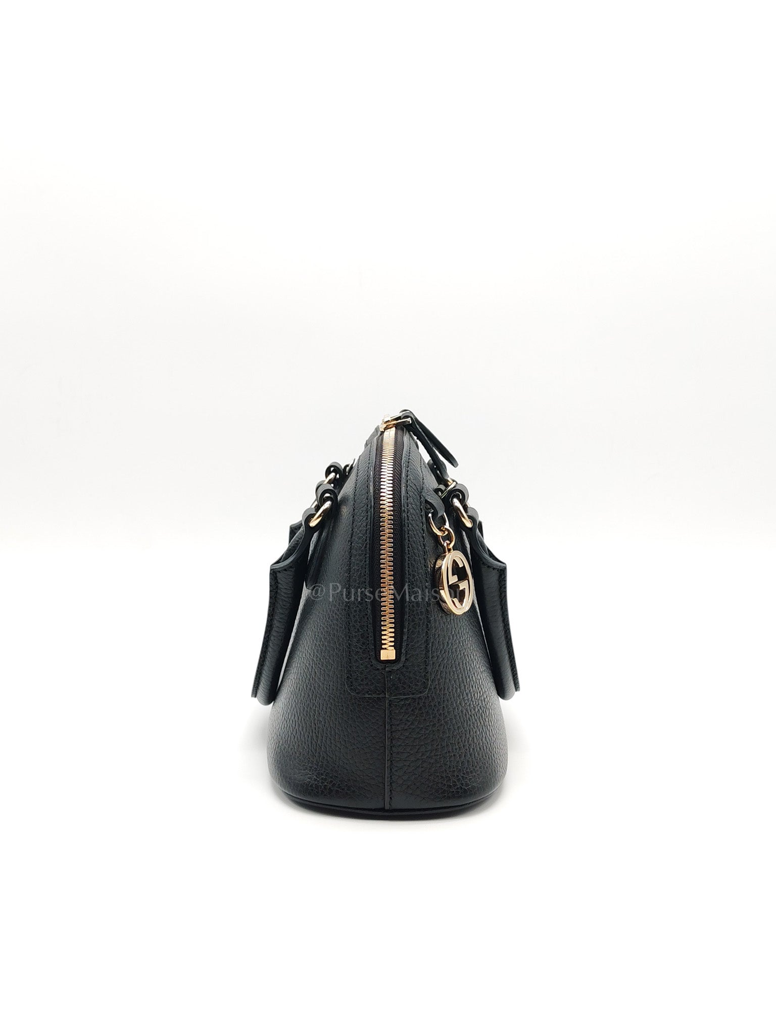 Dome Bag Small in Black GG Charm Satchel Pebbled Leather & Light Gold Hardware