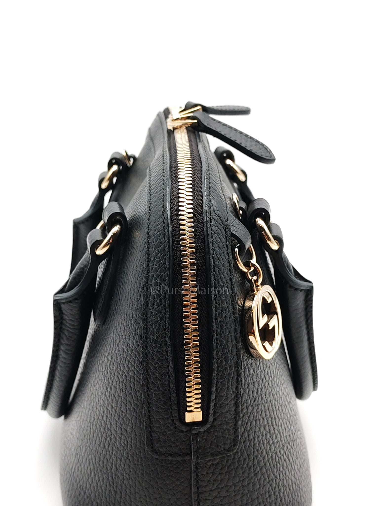 Dome Bag Small in Black GG Charm Satchel Pebbled Leather & Light Gold Hardware