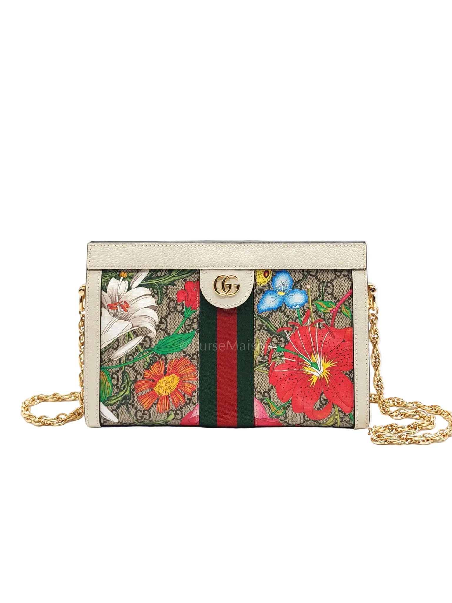 Ophidia Chain Shoulder Bag in GG Flora Coated Canvas & Gold Hardware