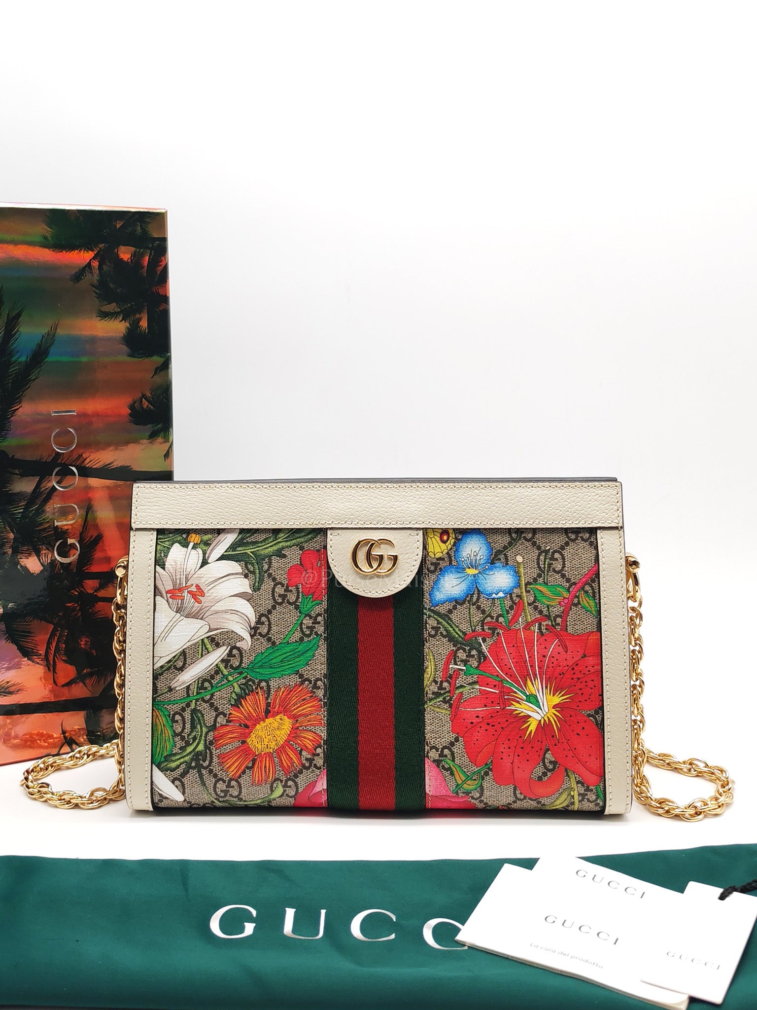 Ophidia Chain Shoulder Bag in GG Flora Coated Canvas & Gold Hardware