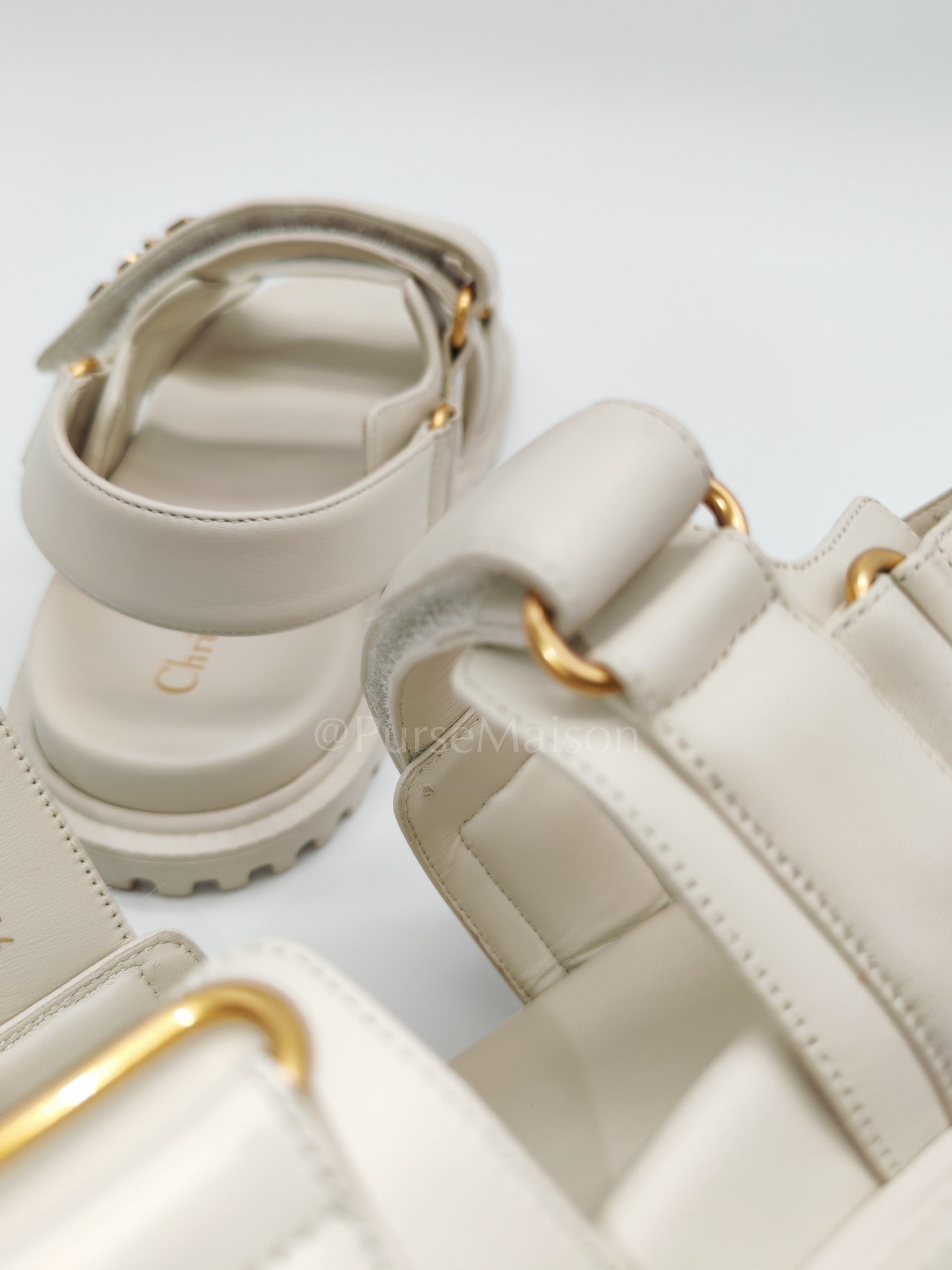 Diorack Sandals in White Lambskin Leather & Gold Hardware Size 36 EU (23cm)