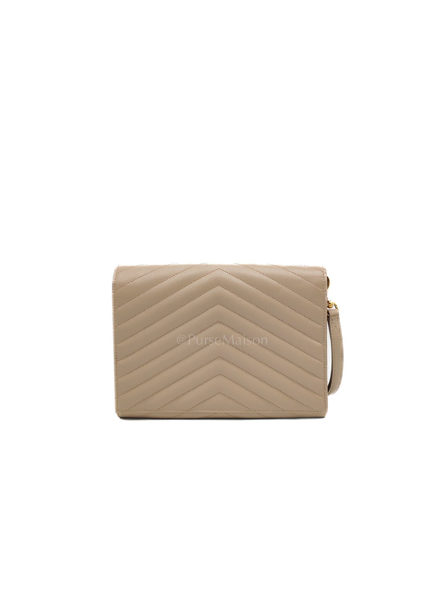 Envelope Clutch Bag in Beige Grain De Poudre Leather & Gold Hardware