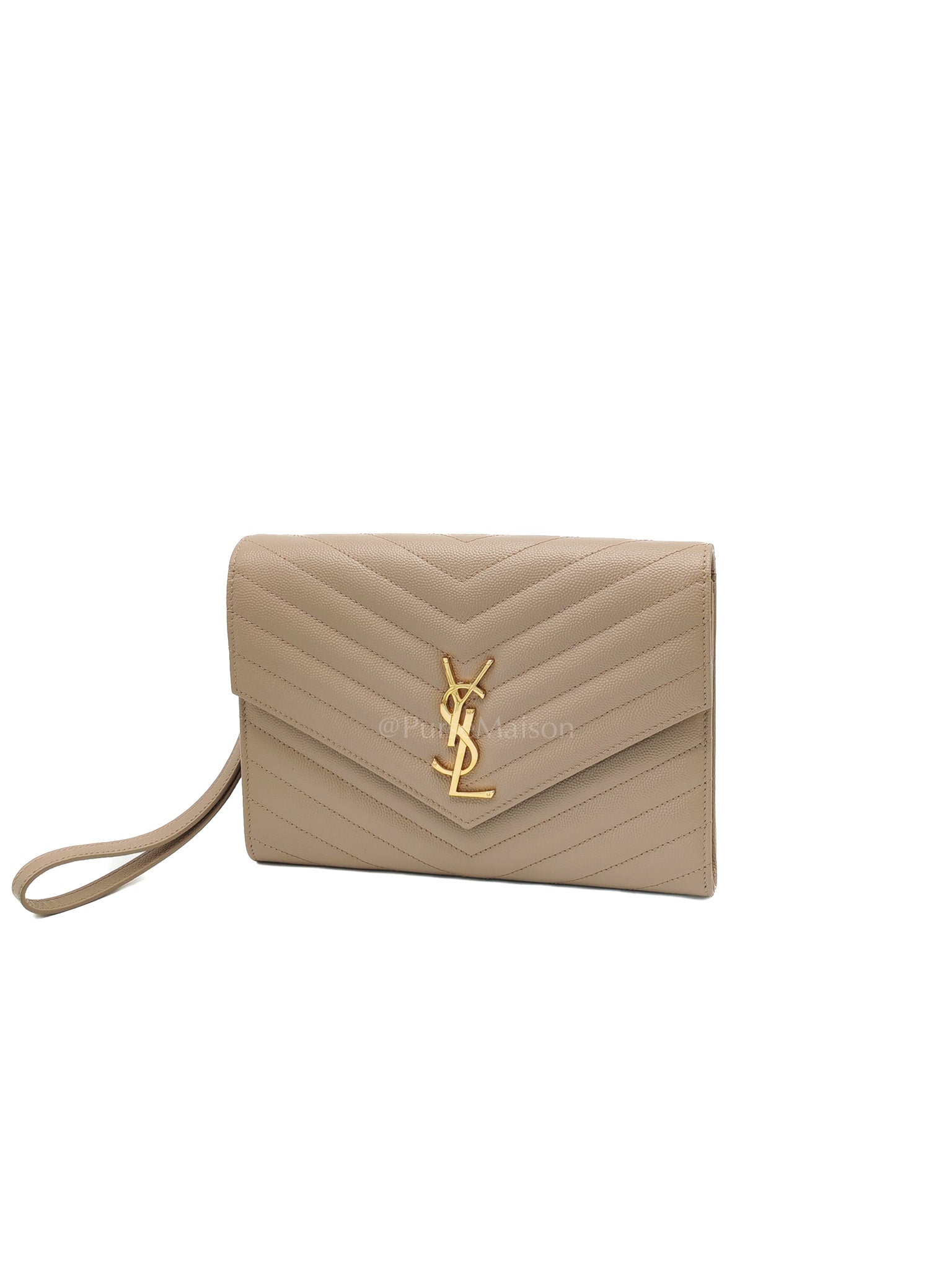 Envelope Clutch Bag in Beige Grain De Poudre Leather & Gold Hardware