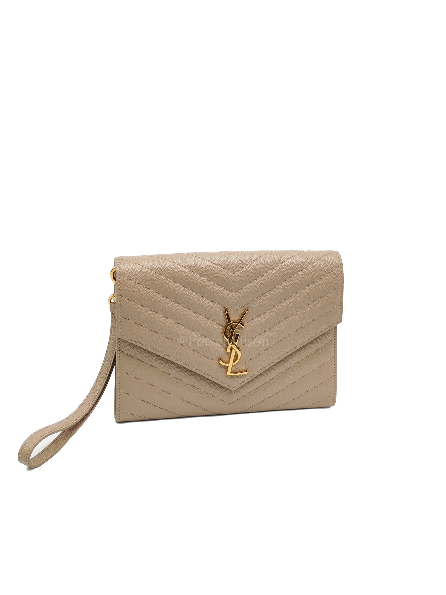 Envelope Clutch Bag in Beige Grain De Poudre Leather & Gold Hardware