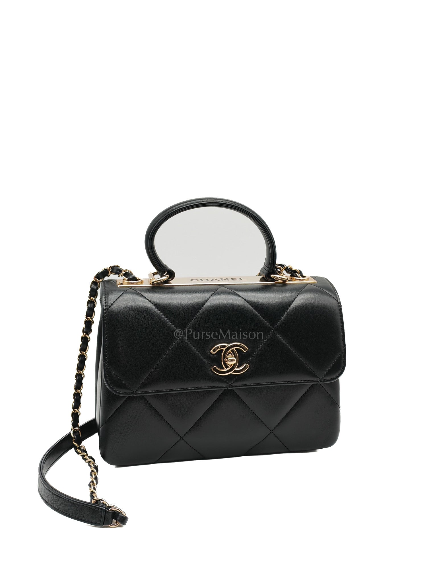 Trendy CC Small Top Handle Bag in Black Quilted Lambskin Leather & Light Gold Hardware Series 28