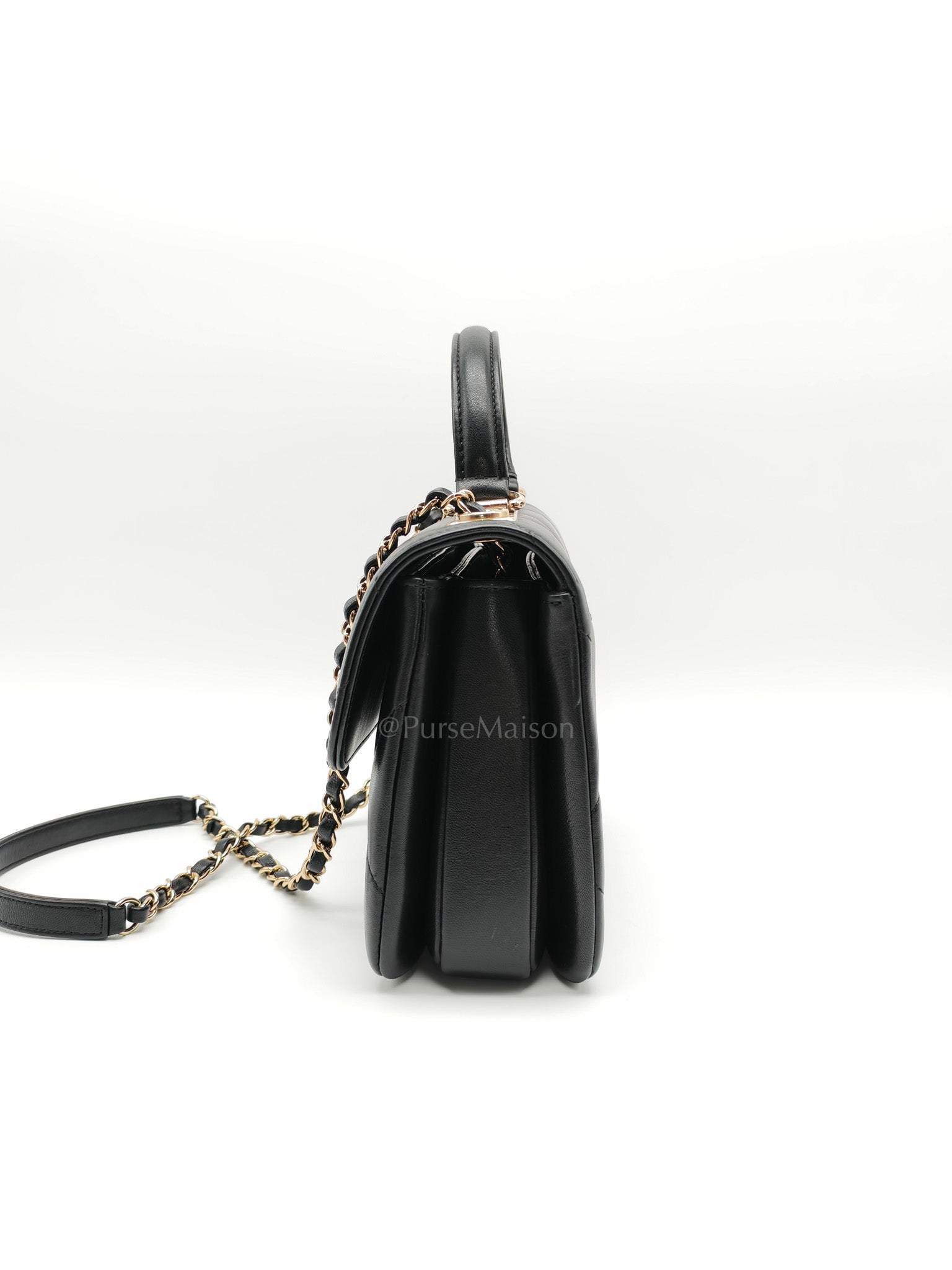 Trendy CC Small Top Handle Bag in Black Quilted Lambskin Leather & Light Gold Hardware Series 28