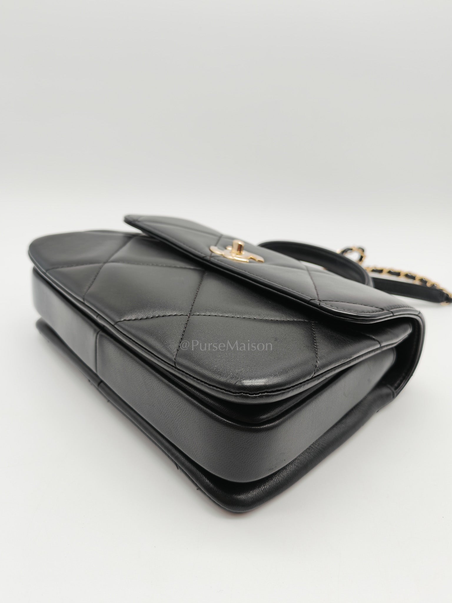 Trendy CC Small Top Handle Bag in Black Quilted Lambskin Leather & Light Gold Hardware Series 28