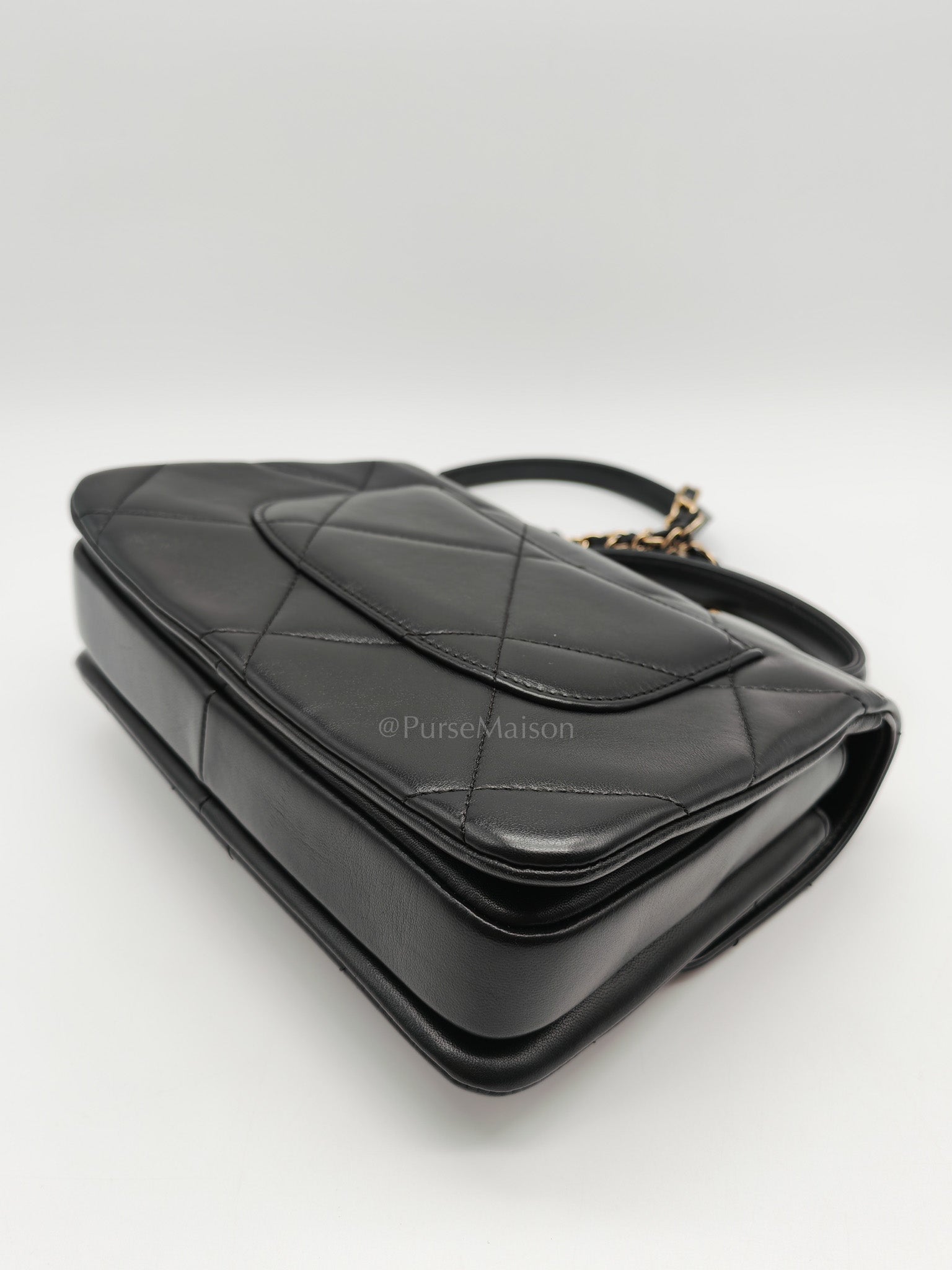 Trendy CC Small Top Handle Bag in Black Quilted Lambskin Leather & Light Gold Hardware Series 28