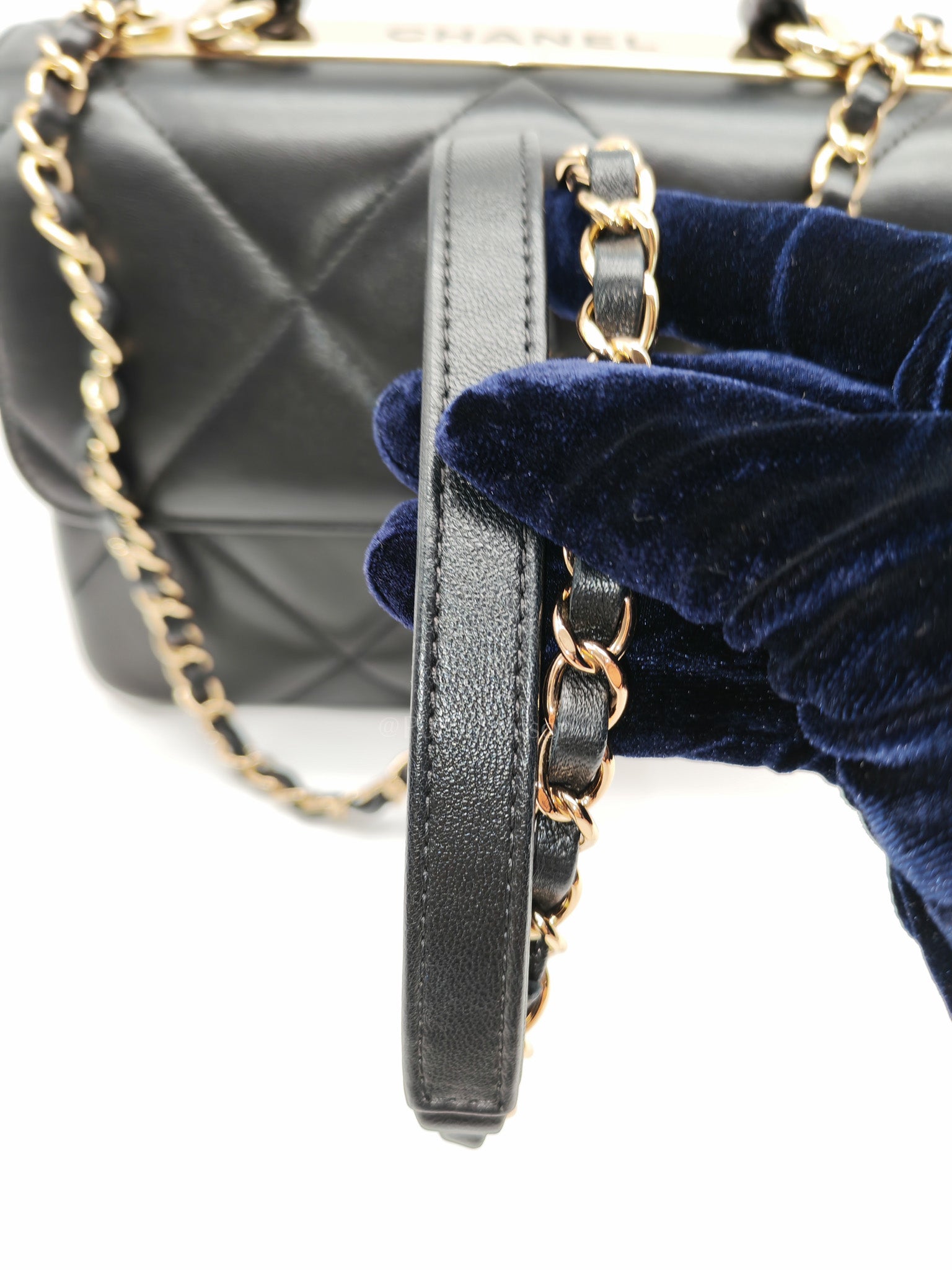 Trendy CC Small Top Handle Bag in Black Quilted Lambskin Leather & Light Gold Hardware Series 28