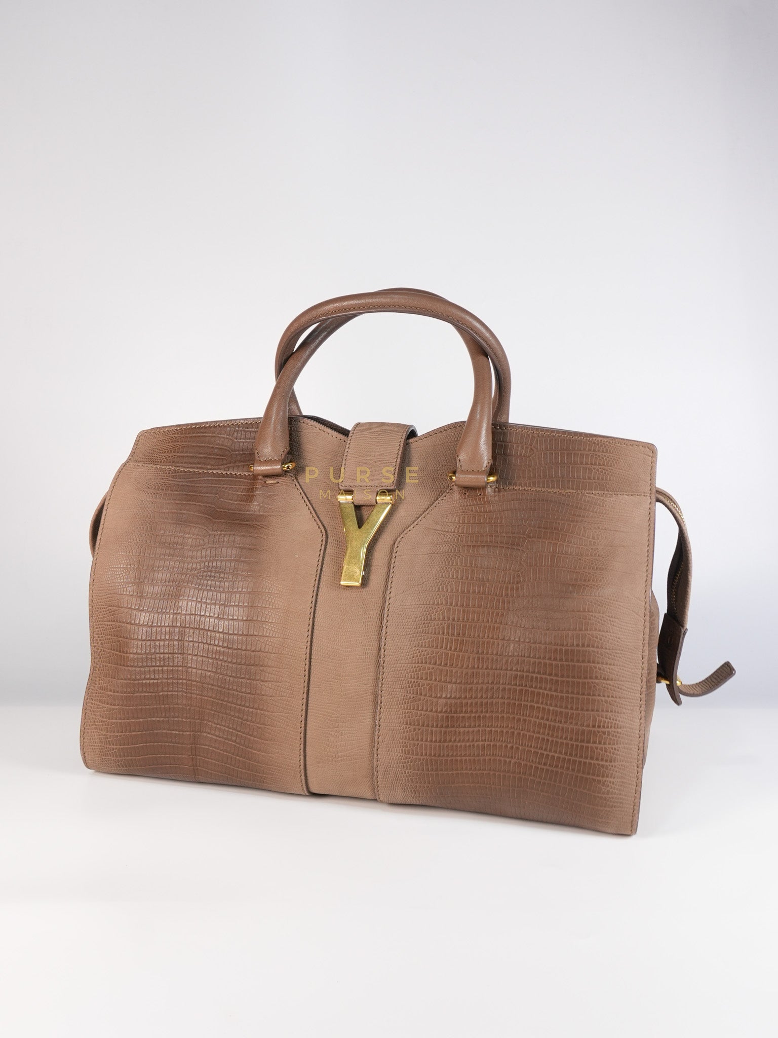 Cabas Chyc Tote Bag in Brown Lizard-Embossed Calfskin Leather & Gold Hardware | Purse Maison Luxury Bags Shop