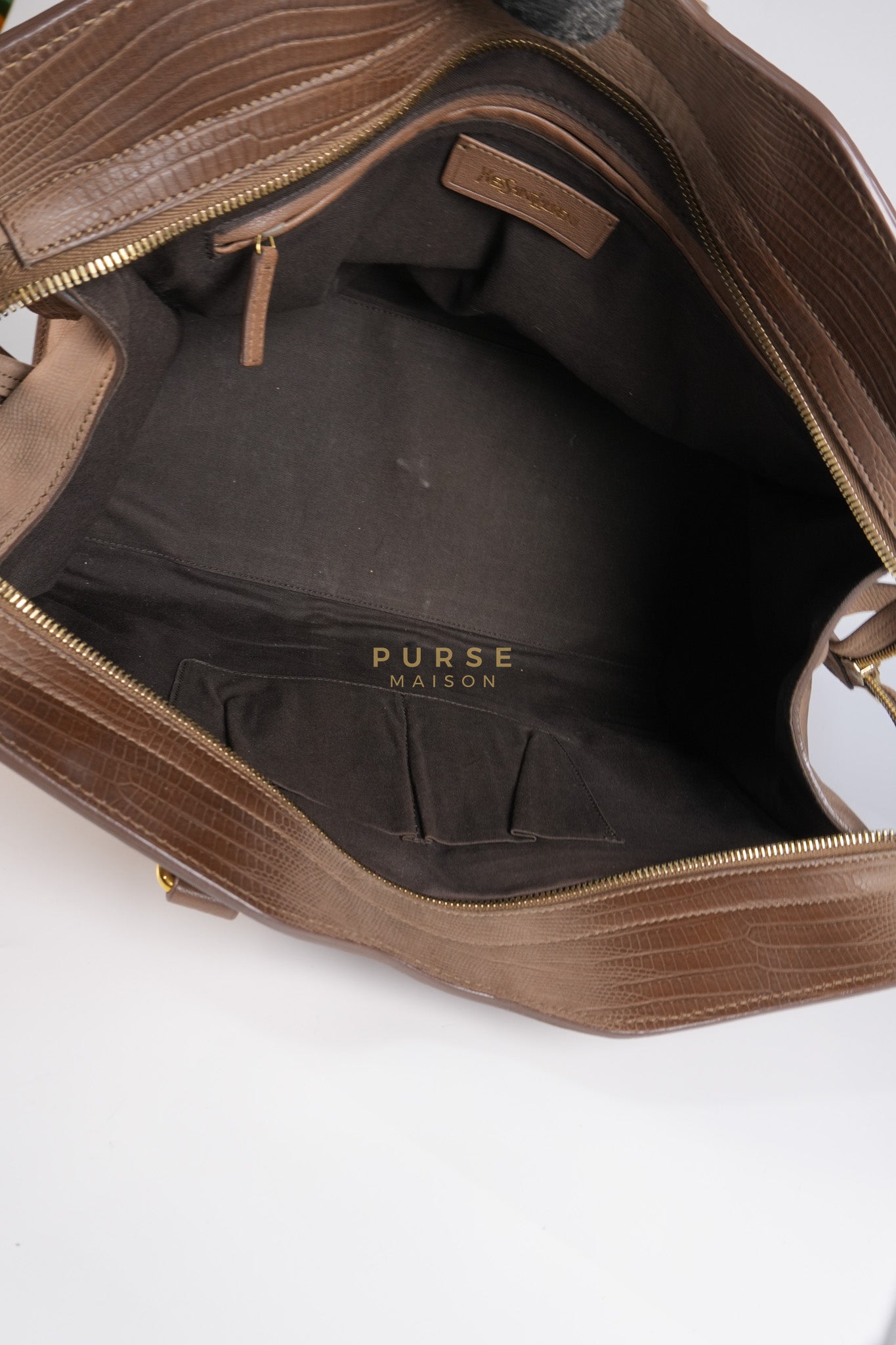 Cabas Chyc Tote Bag in Brown Lizard-Embossed Calfskin Leather & Gold Hardware | Purse Maison Luxury Bags Shop