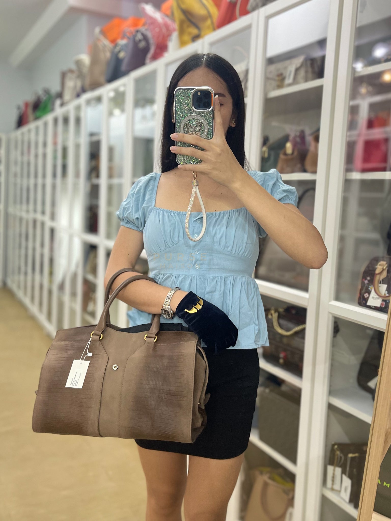Cabas Chyc Tote Bag in Brown Lizard-Embossed Calfskin Leather & Gold Hardware | Purse Maison Luxury Bags Shop