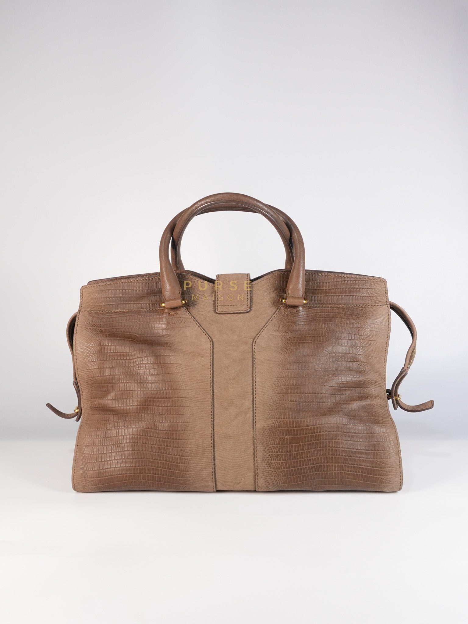 Cabas Chyc Tote Bag in Brown Lizard-Embossed Calfskin Leather & Gold Hardware | Purse Maison Luxury Bags Shop