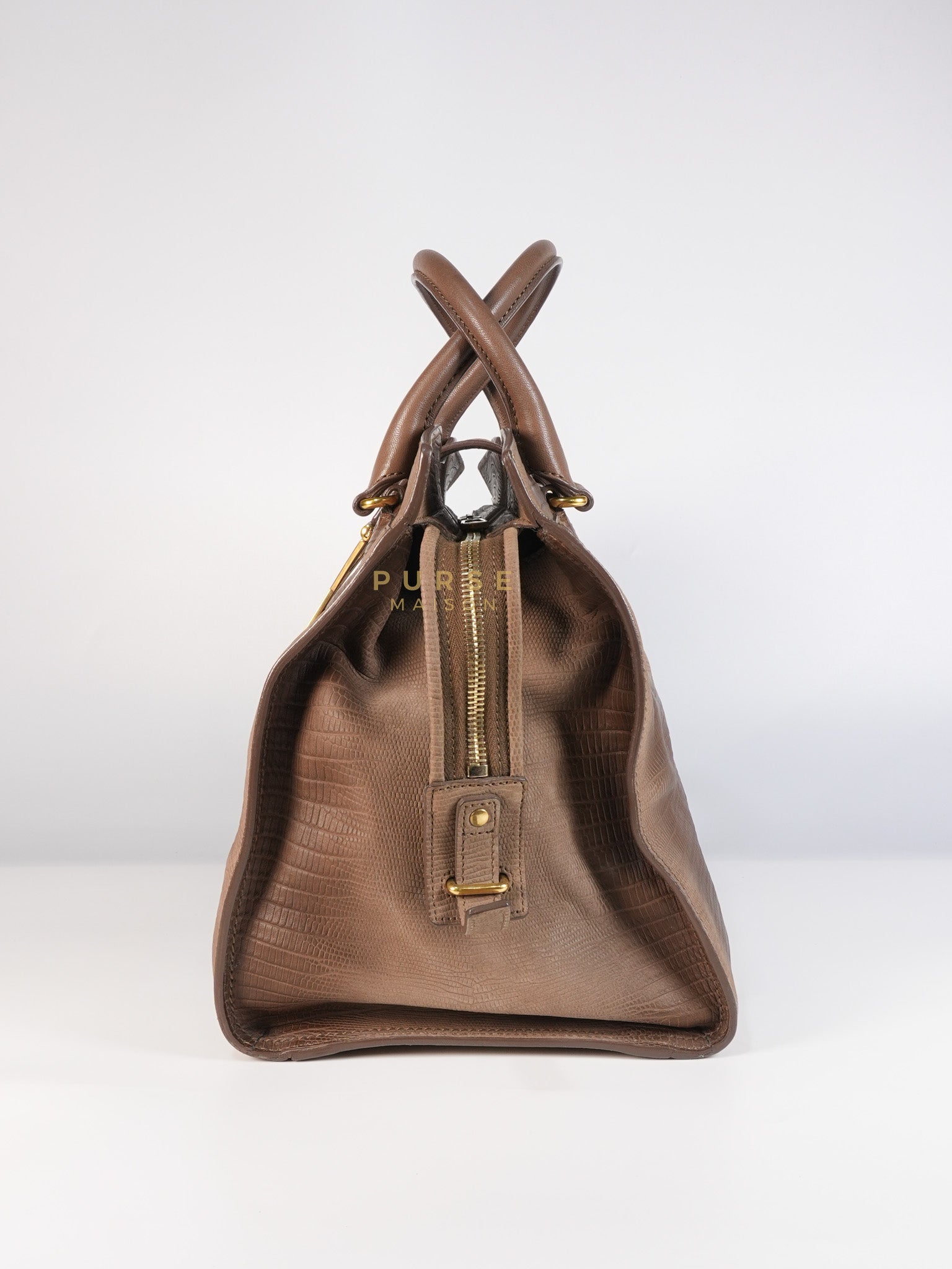 Cabas Chyc Tote Bag in Brown Lizard-Embossed Calfskin Leather & Gold Hardware | Purse Maison Luxury Bags Shop