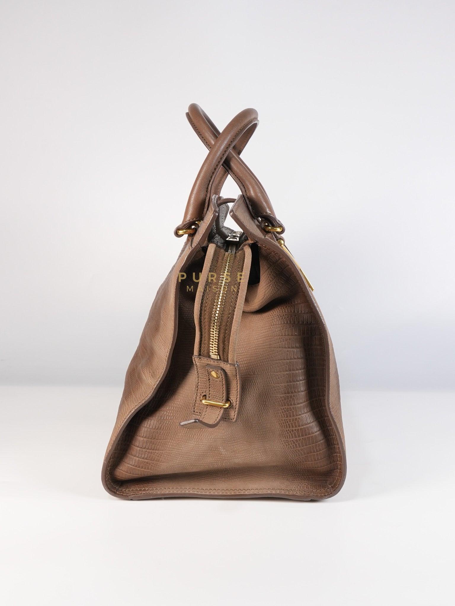 Cabas Chyc Tote Bag in Brown Lizard-Embossed Calfskin Leather & Gold Hardware | Purse Maison Luxury Bags Shop