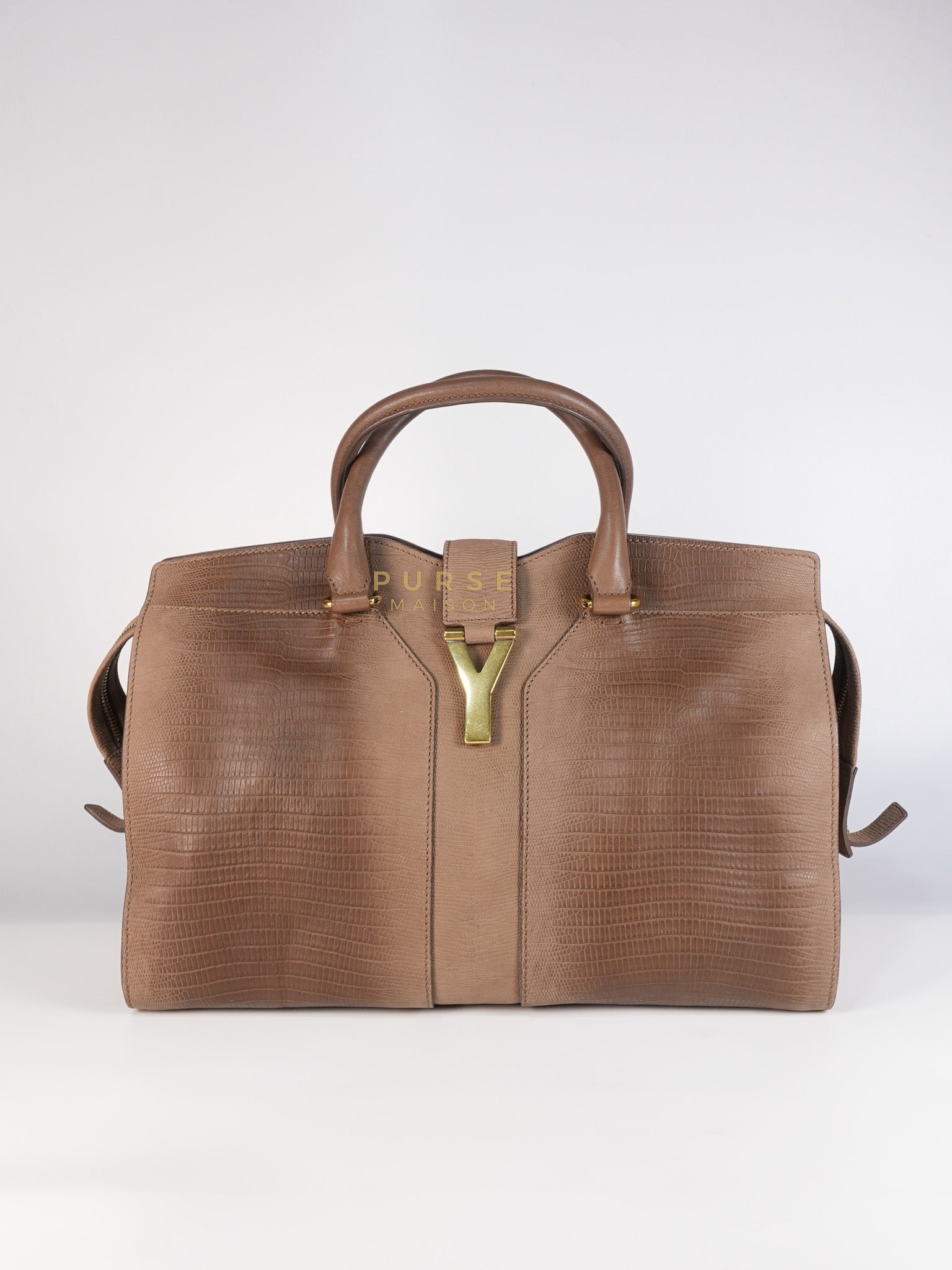 Cabas Chyc Tote Bag in Brown Lizard-Embossed Calfskin Leather & Gold Hardware | Purse Maison Luxury Bags Shop