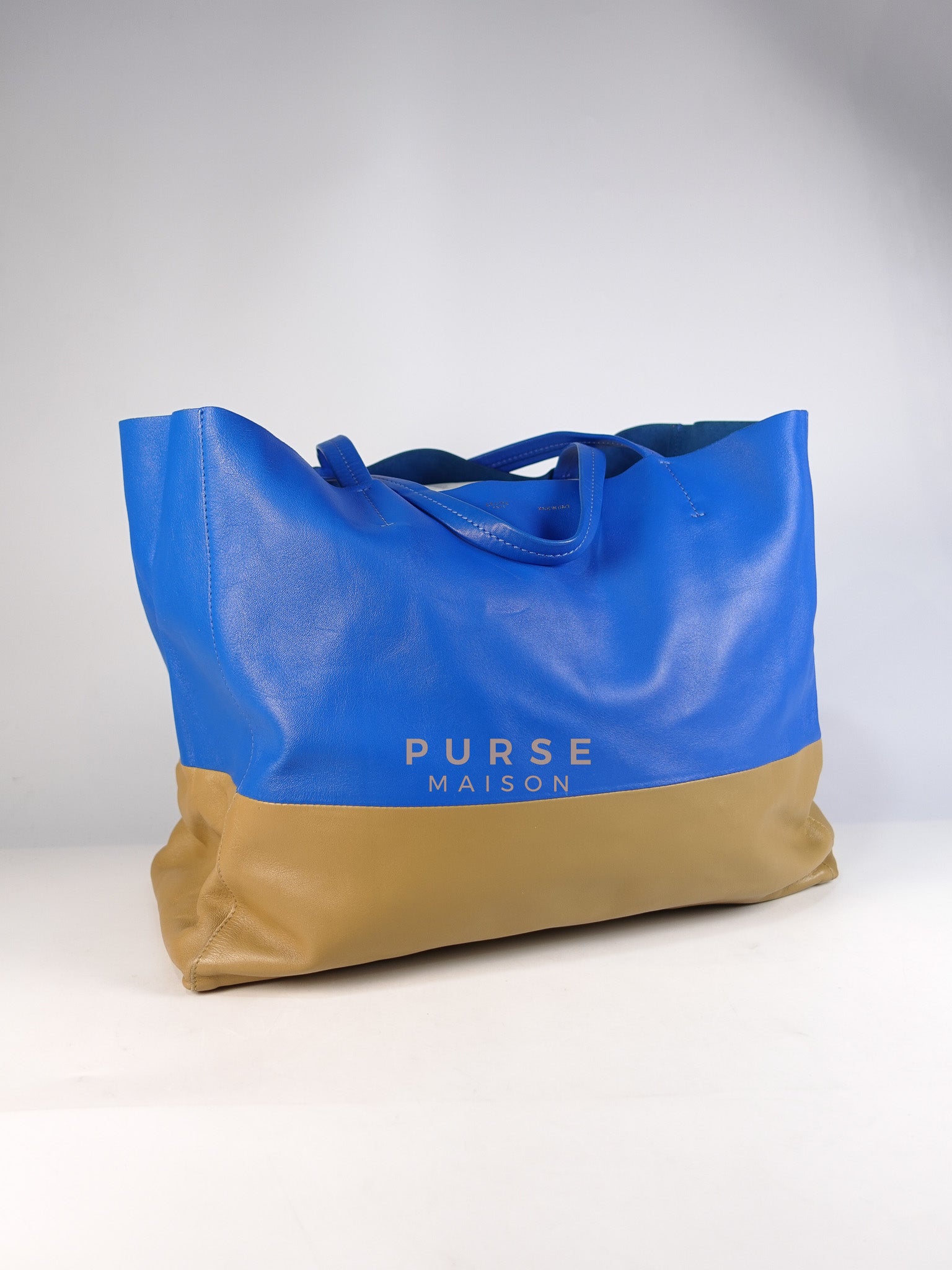 Cabas Tote Bag Large in Camel & Royal Blue Calfskin Leather | Purse Maison Luxury Bags Shop