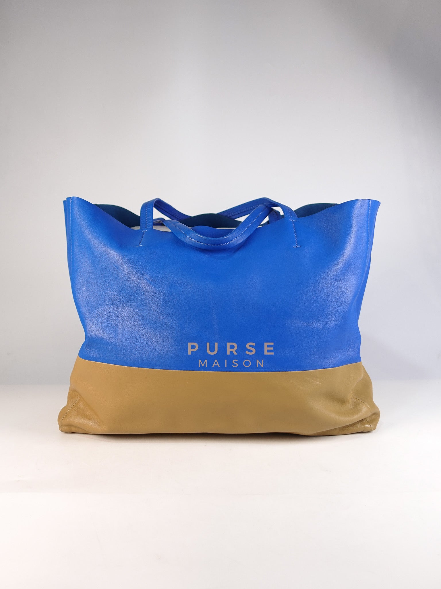 Cabas Tote Bag Large in Camel & Royal Blue Calfskin Leather | Purse Maison Luxury Bags Shop