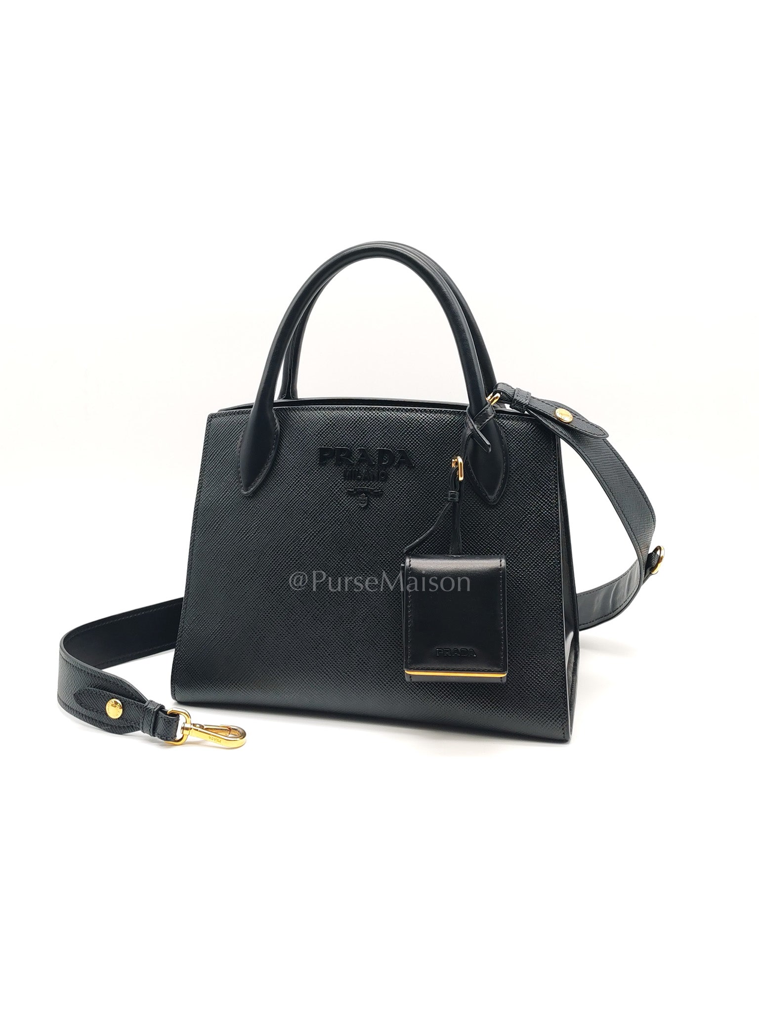 1BA156 Monochrome Bag Small in Black Saffiano Cuir Leater Gold Hardware