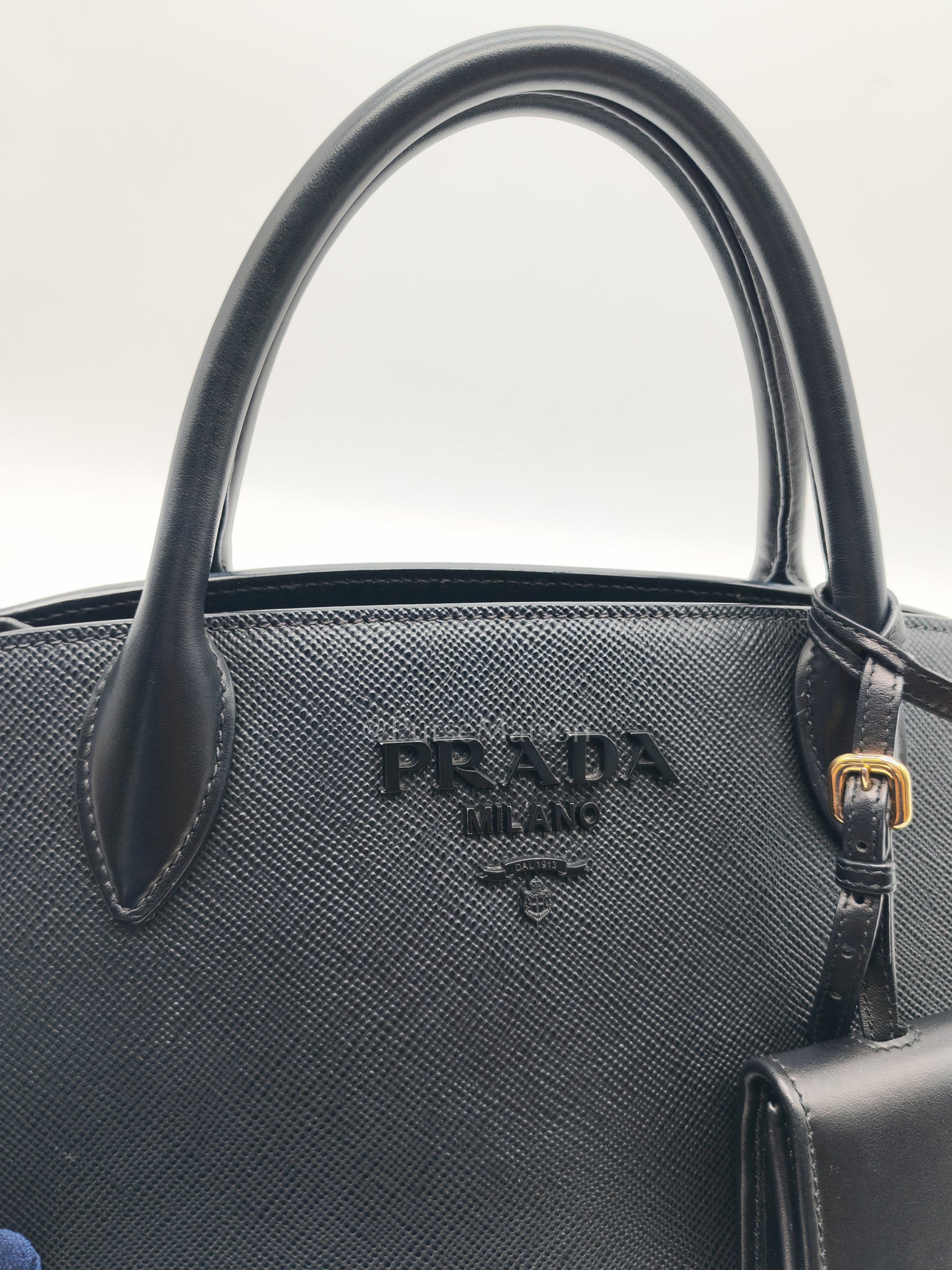 1BA156 Monochrome Bag Small in Black Saffiano Cuir Leater Gold Hardware
