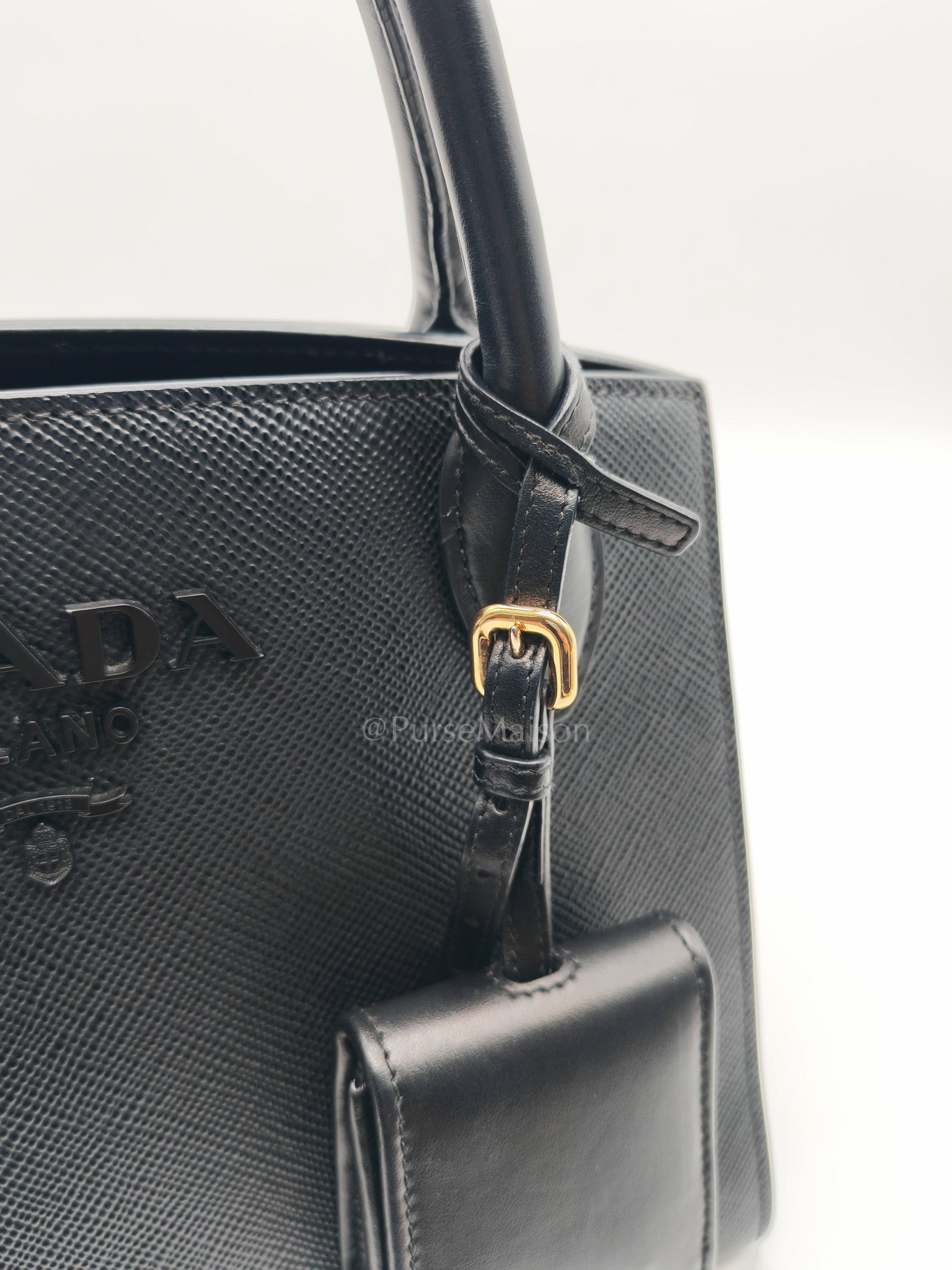 1BA156 Monochrome Bag Small in Black Saffiano Cuir Leater Gold Hardware
