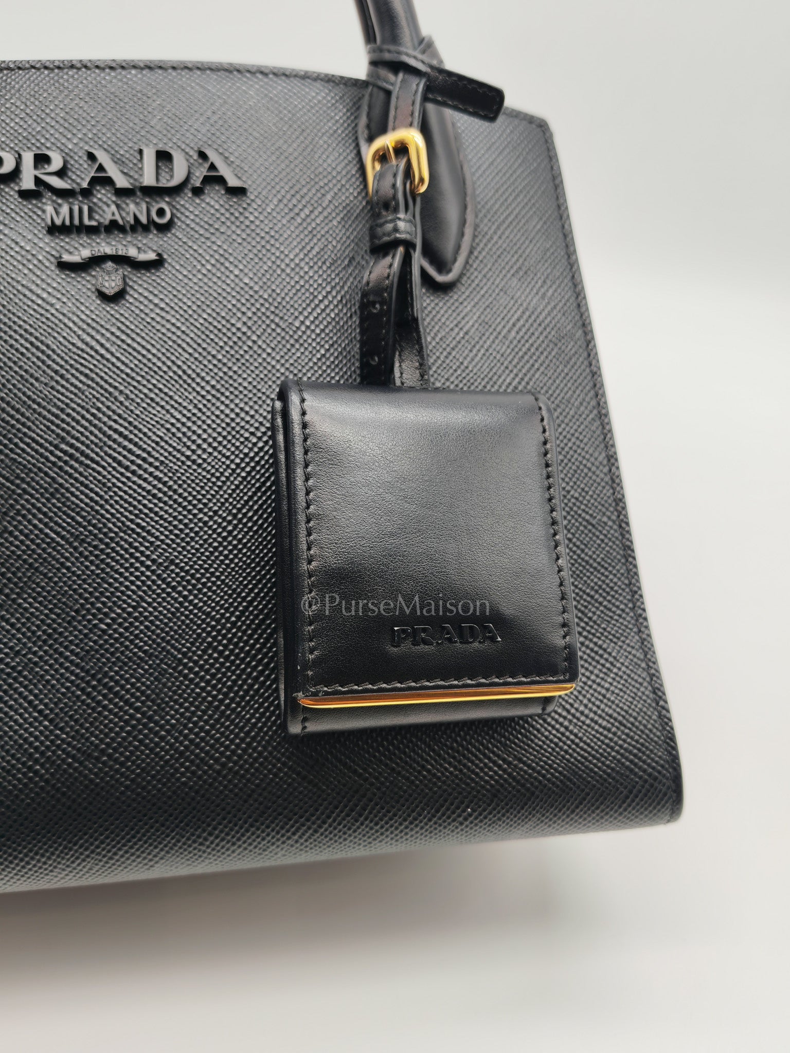 1BA156 Monochrome Bag Small in Black Saffiano Cuir Leater Gold Hardware