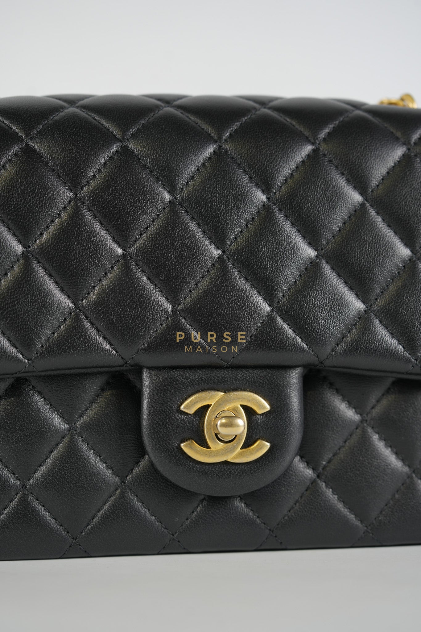 Camellia Crush Flap Medium in Black Lambskin Leather Aged Gold Hardware (Microchip) | Purse Maison Luxury Bags Shop