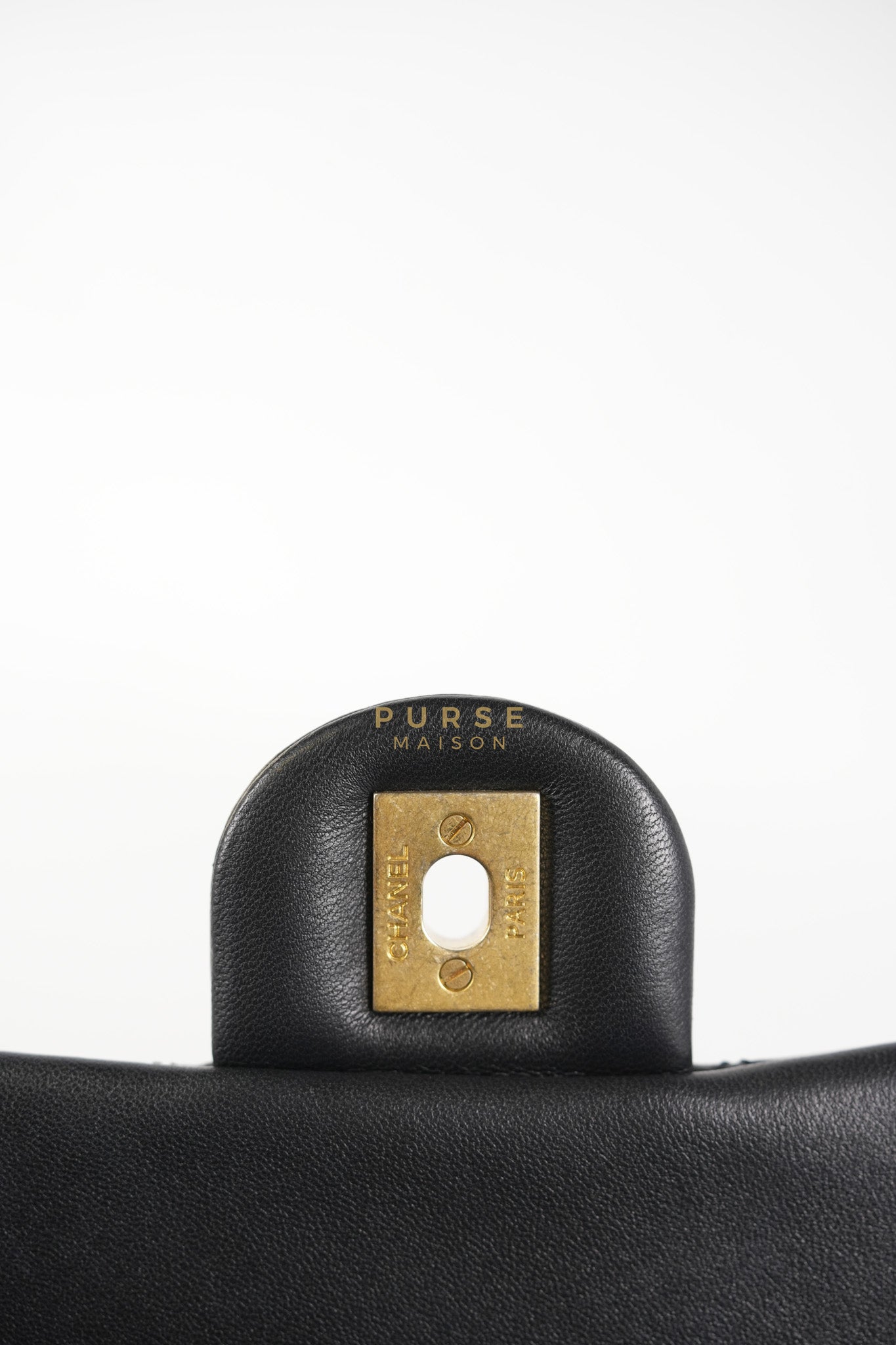 Camellia Crush Flap Medium in Black Lambskin Leather Aged Gold Hardware (Microchip) | Purse Maison Luxury Bags Shop