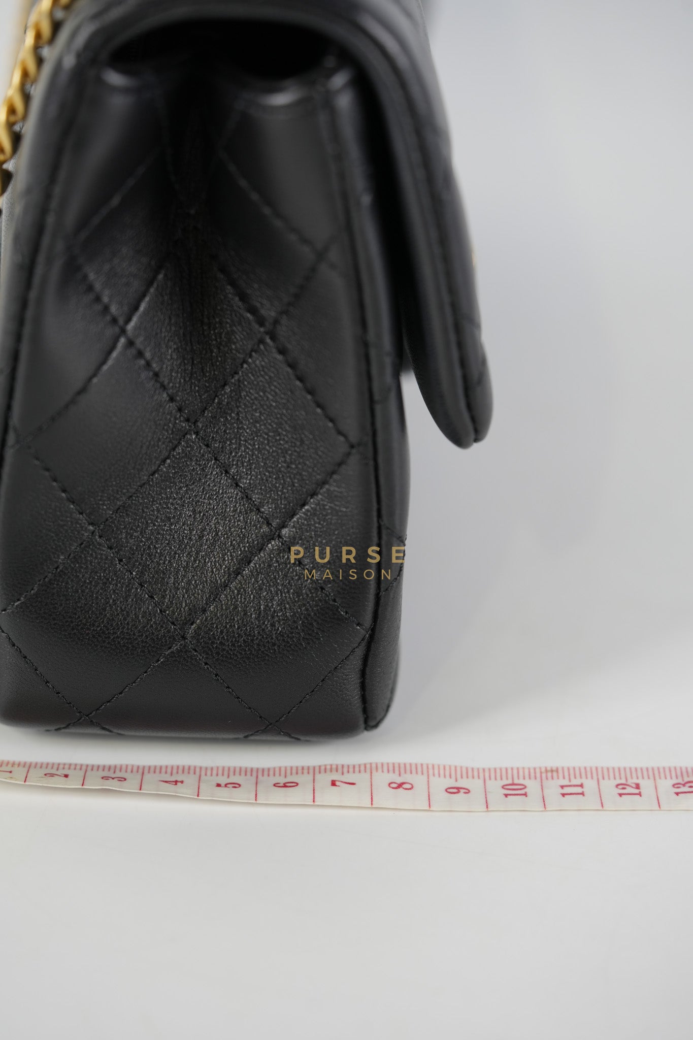 Camellia Crush Flap Medium in Black Lambskin Leather Aged Gold Hardware (Microchip) | Purse Maison Luxury Bags Shop