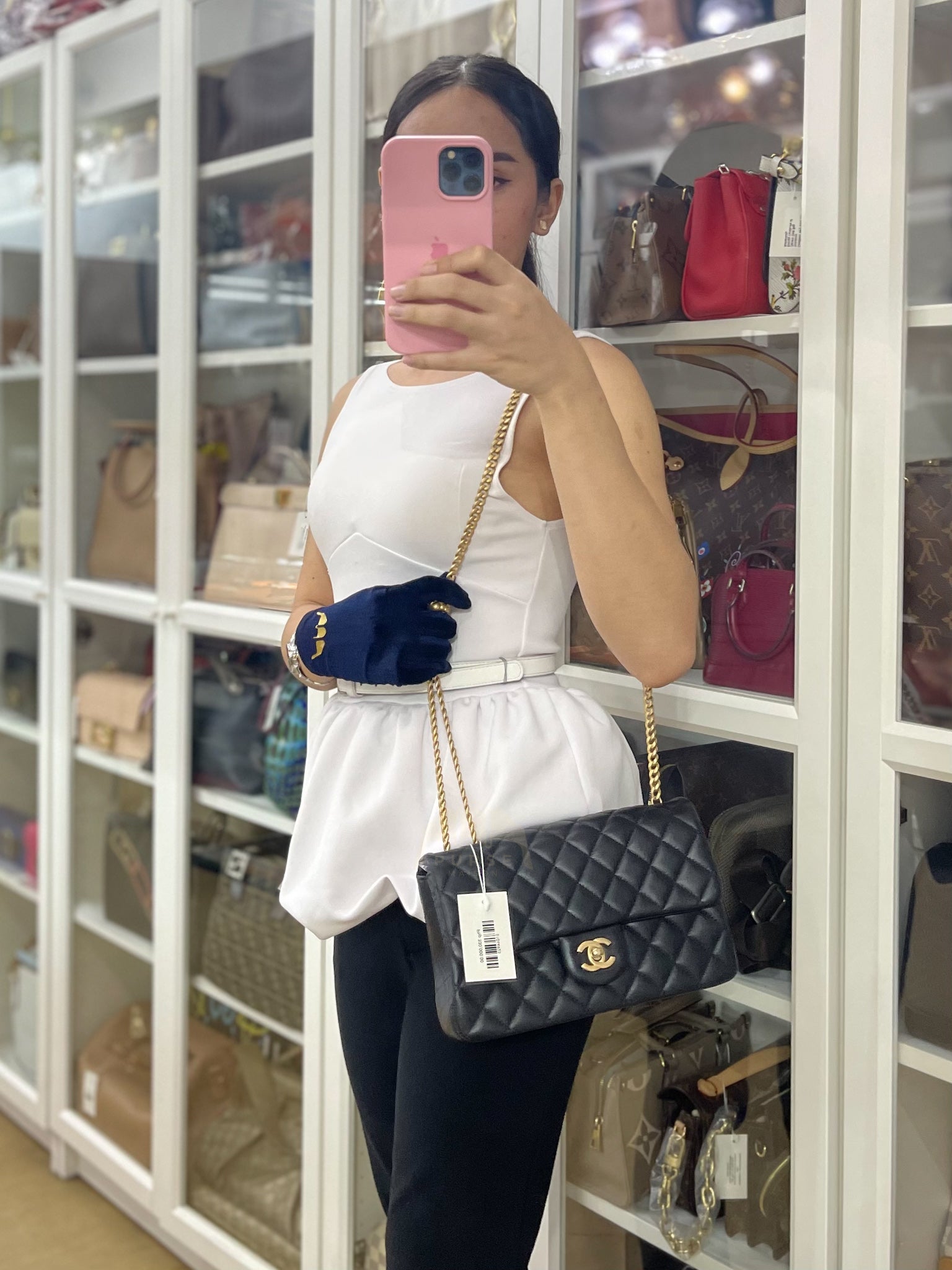 Camellia Crush Flap Medium in Black Lambskin Leather Aged Gold Hardware (Microchip) | Purse Maison Luxury Bags Shop