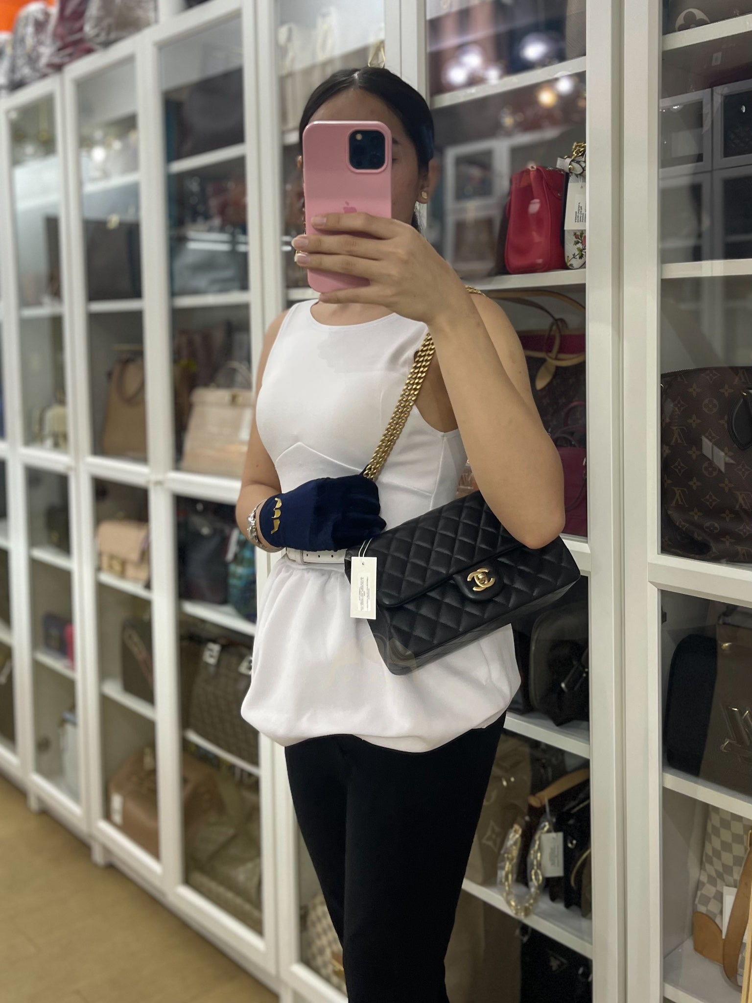 Camellia Crush Flap Medium in Black Lambskin Leather Aged Gold Hardware (Microchip) | Purse Maison Luxury Bags Shop