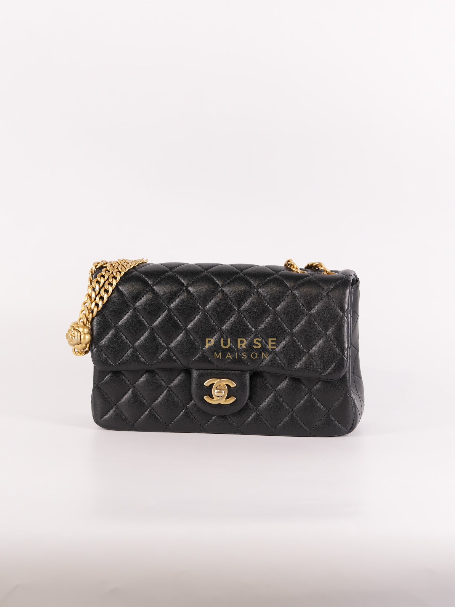Camellia Crush Flap Medium in Black Lambskin Leather Aged Gold Hardware (Microchip) | Purse Maison Luxury Bags Shop