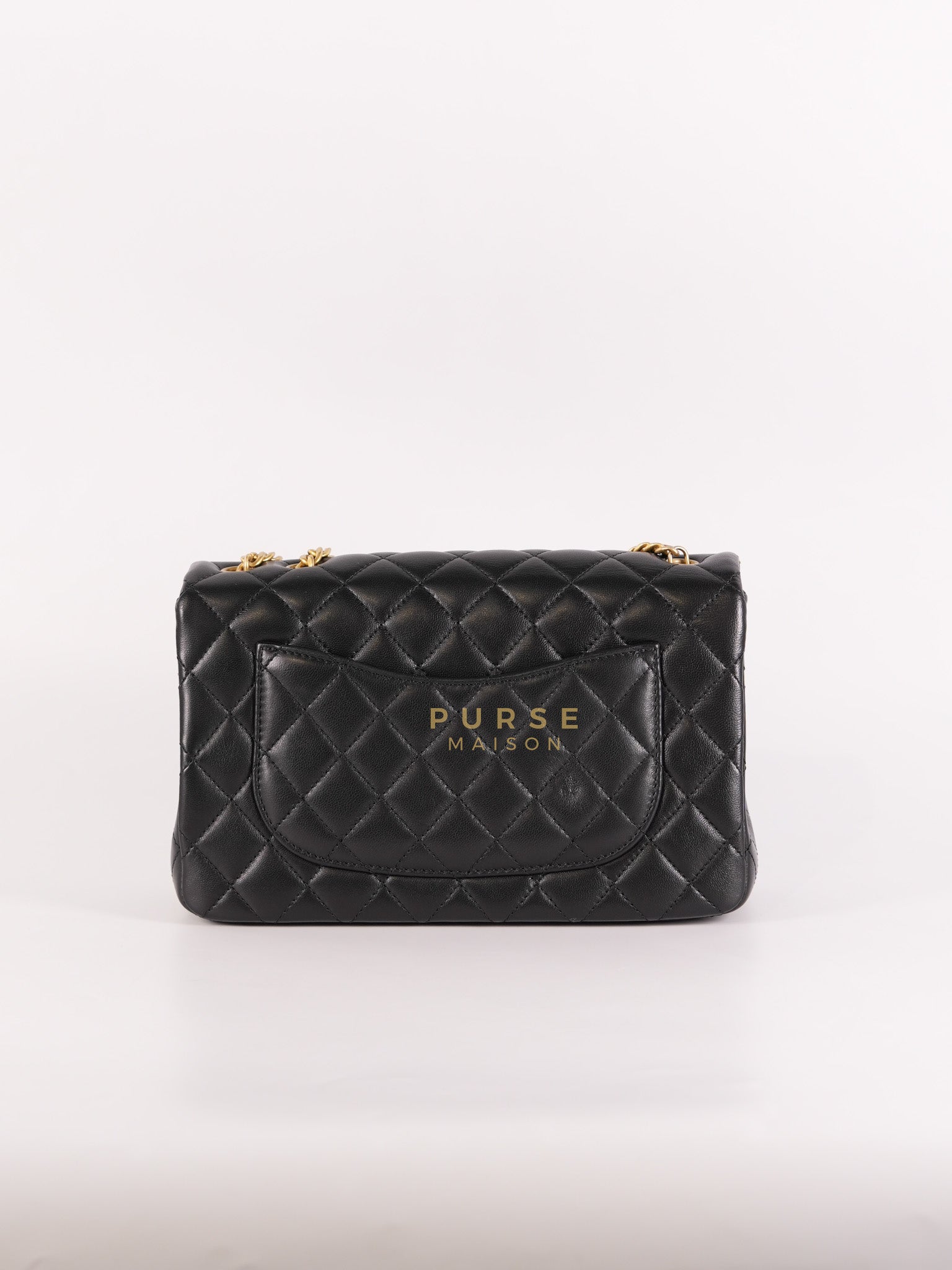 Camellia Crush Flap Medium in Black Lambskin Leather Aged Gold Hardware (Microchip) | Purse Maison Luxury Bags Shop