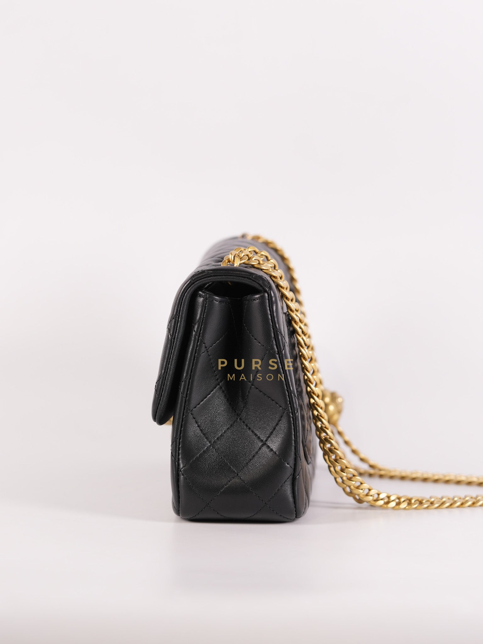 Camellia Crush Flap Medium in Black Lambskin Leather Aged Gold Hardware (Microchip) | Purse Maison Luxury Bags Shop