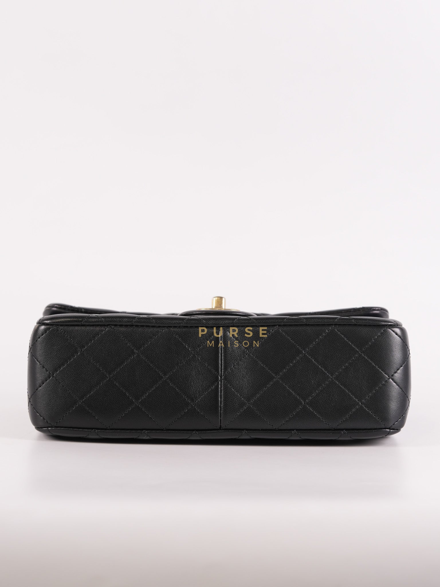 Camellia Crush Flap Medium in Black Lambskin Leather Aged Gold Hardware (Microchip) | Purse Maison Luxury Bags Shop