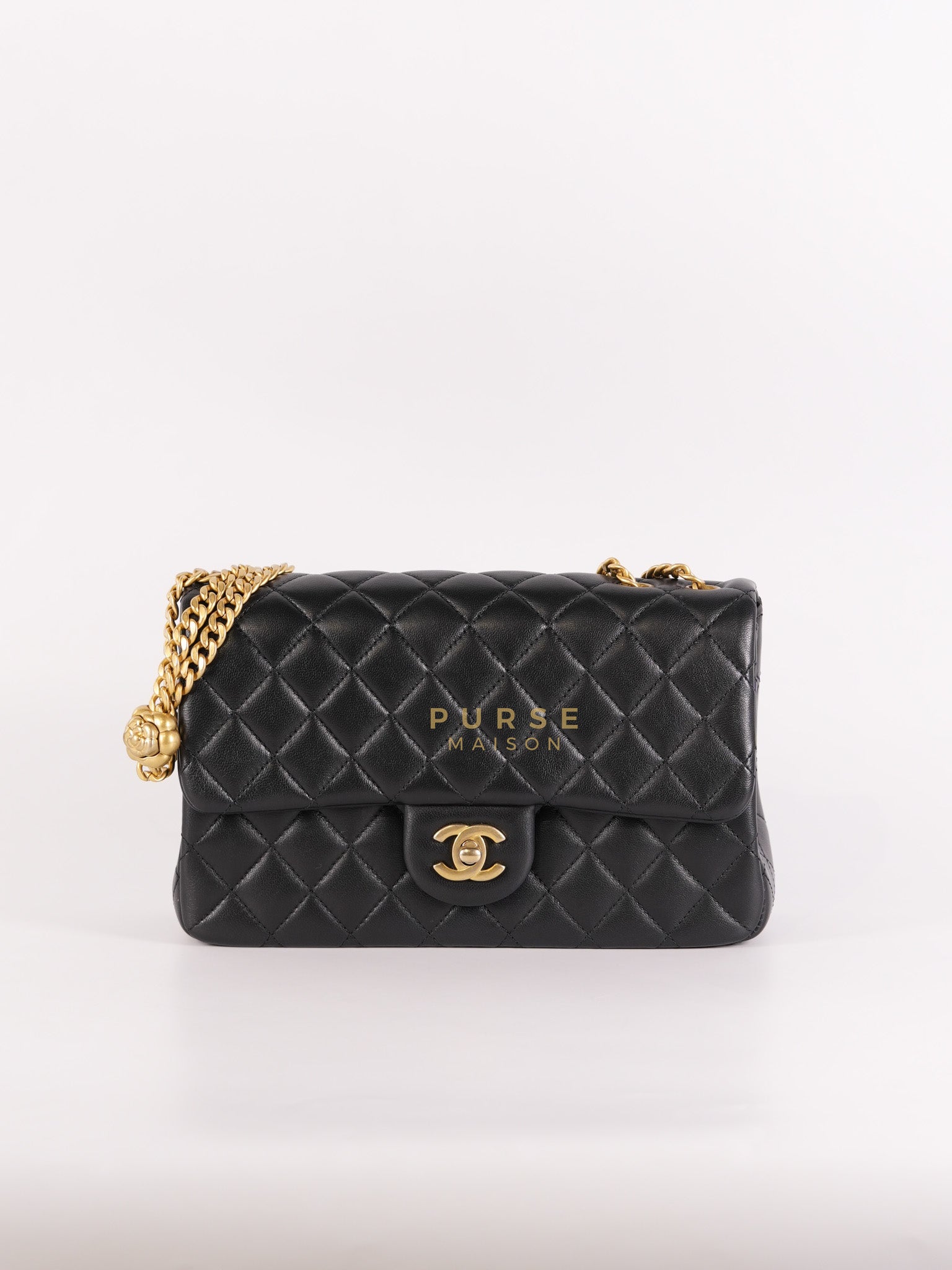 Camellia Crush Flap Medium in Black Lambskin Leather Aged Gold Hardware (Microchip) | Purse Maison Luxury Bags Shop