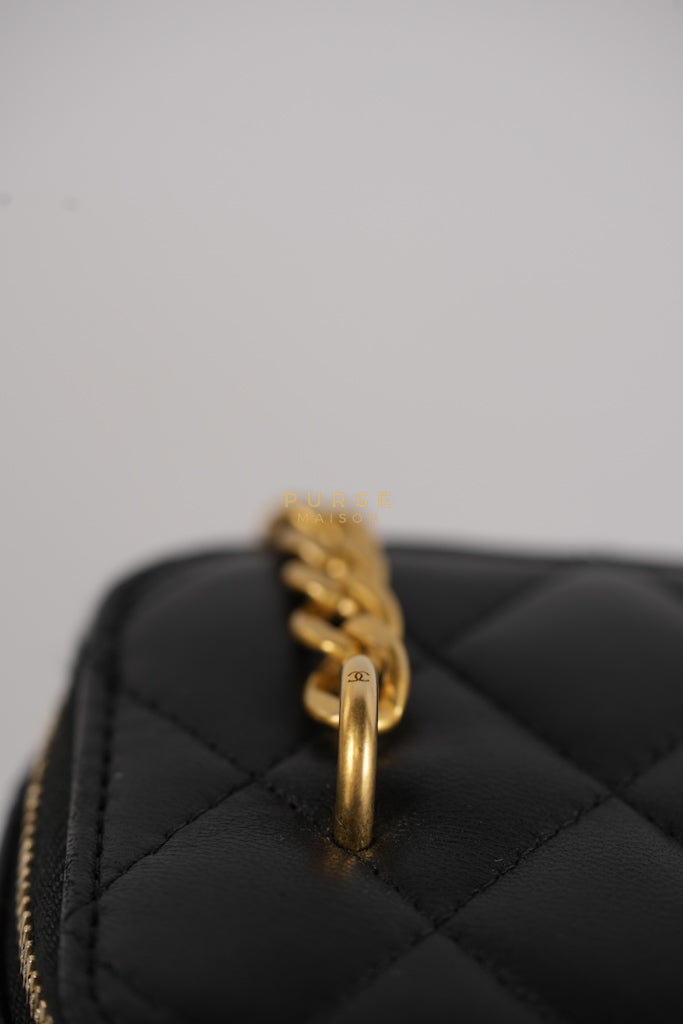 Camellia Crush Vanity Chain Shoulder Bag in Black Lambskin Leather and Aged Gold Hardware Microchip | Purse Maison Luxury Bags Shop