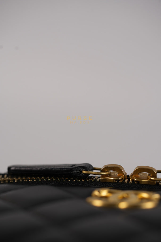 Camellia Crush Vanity Chain Shoulder Bag in Black Lambskin Leather and Aged Gold Hardware Microchip | Purse Maison Luxury Bags Shop