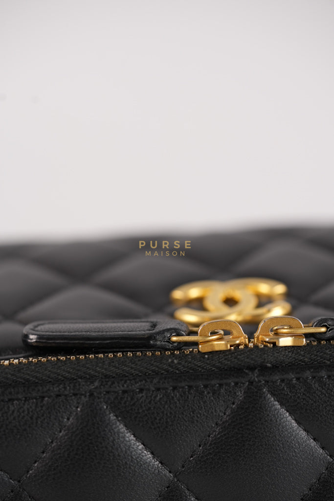 Camellia Crush Vanity Chain Shoulder Bag in Black Lambskin Leather and Aged Gold Hardware Microchip | Purse Maison Luxury Bags Shop