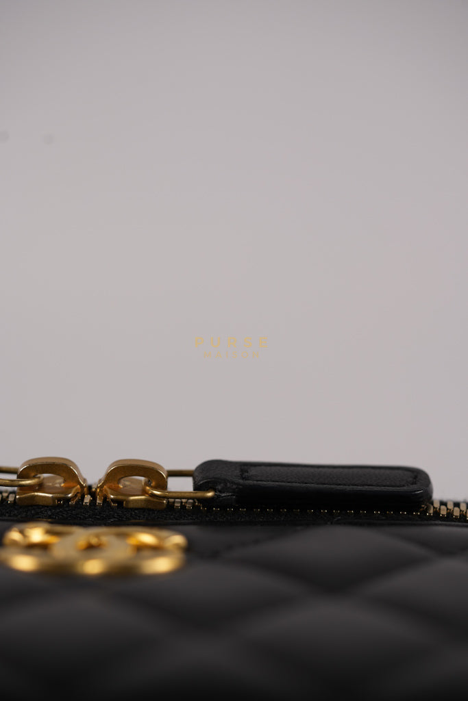 Camellia Crush Vanity Chain Shoulder Bag in Black Lambskin Leather and Aged Gold Hardware Microchip | Purse Maison Luxury Bags Shop