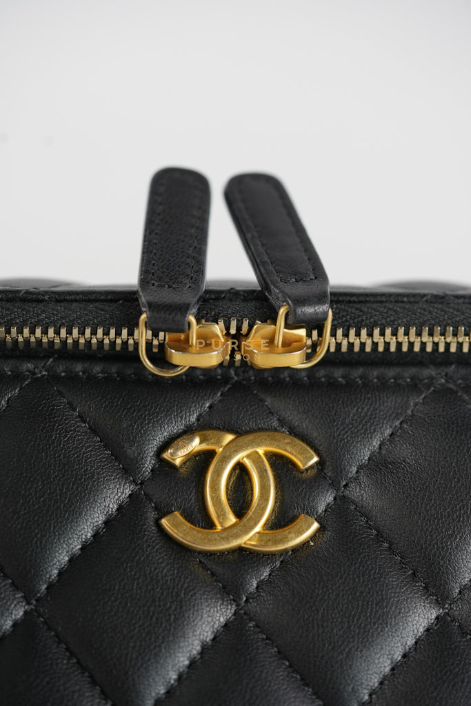 Camellia Crush Vanity Chain Shoulder Bag in Black Lambskin Leather and Aged Gold Hardware Microchip | Purse Maison Luxury Bags Shop