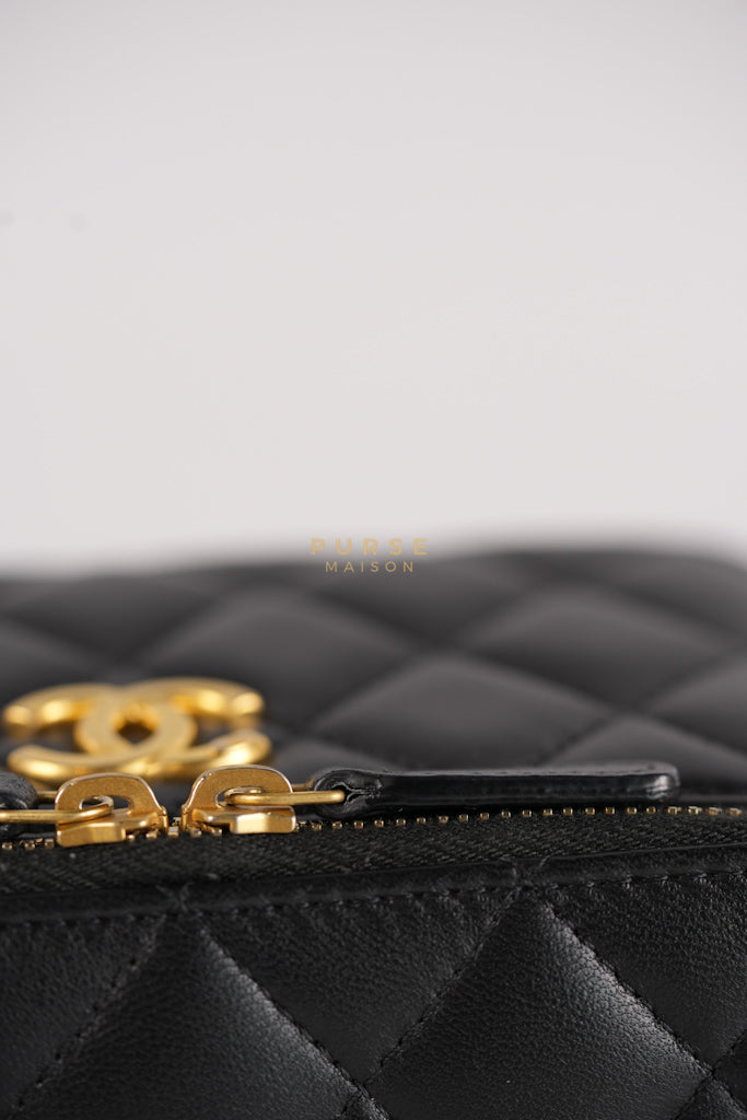 Camellia Crush Vanity Chain Shoulder Bag in Black Lambskin Leather and Aged Gold Hardware Microchip | Purse Maison Luxury Bags Shop