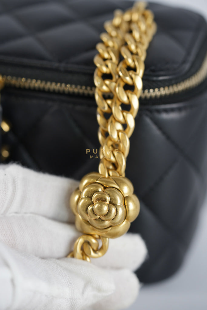 Camellia Crush Vanity Chain Shoulder Bag in Black Lambskin Leather and Aged Gold Hardware Microchip | Purse Maison Luxury Bags Shop