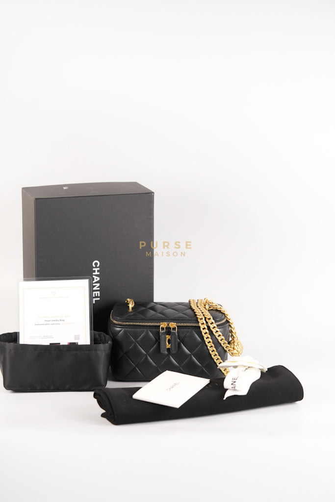 Camellia Crush Vanity Chain Shoulder Bag in Black Lambskin Leather and Aged Gold Hardware Microchip | Purse Maison Luxury Bags Shop
