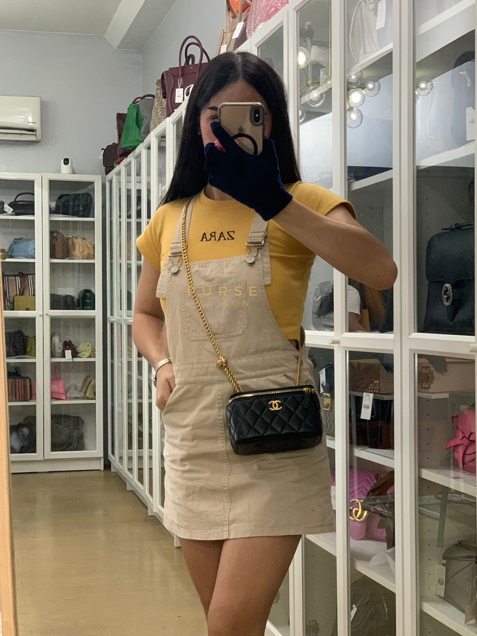 Camellia Crush Vanity Chain Shoulder Bag in Black Lambskin Leather and Aged Gold Hardware Microchip | Purse Maison Luxury Bags Shop